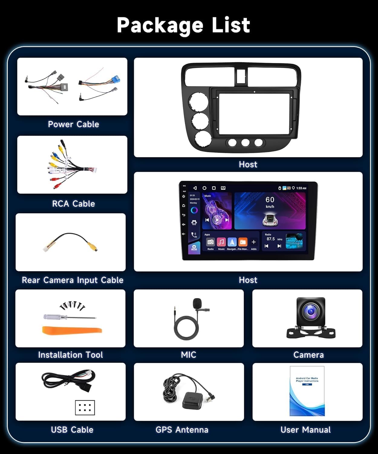 4GB 64GB Radio for Honda Civic 2001-2005 Car Stereo with Wireless CarPlay 5.0Bluetooth DSP 32EQ 5GhzWiFi 9Inch 1280x720P IPS Touchscreen GPS FM/RDS Android Auto MirrorLink AHD Backup Camera