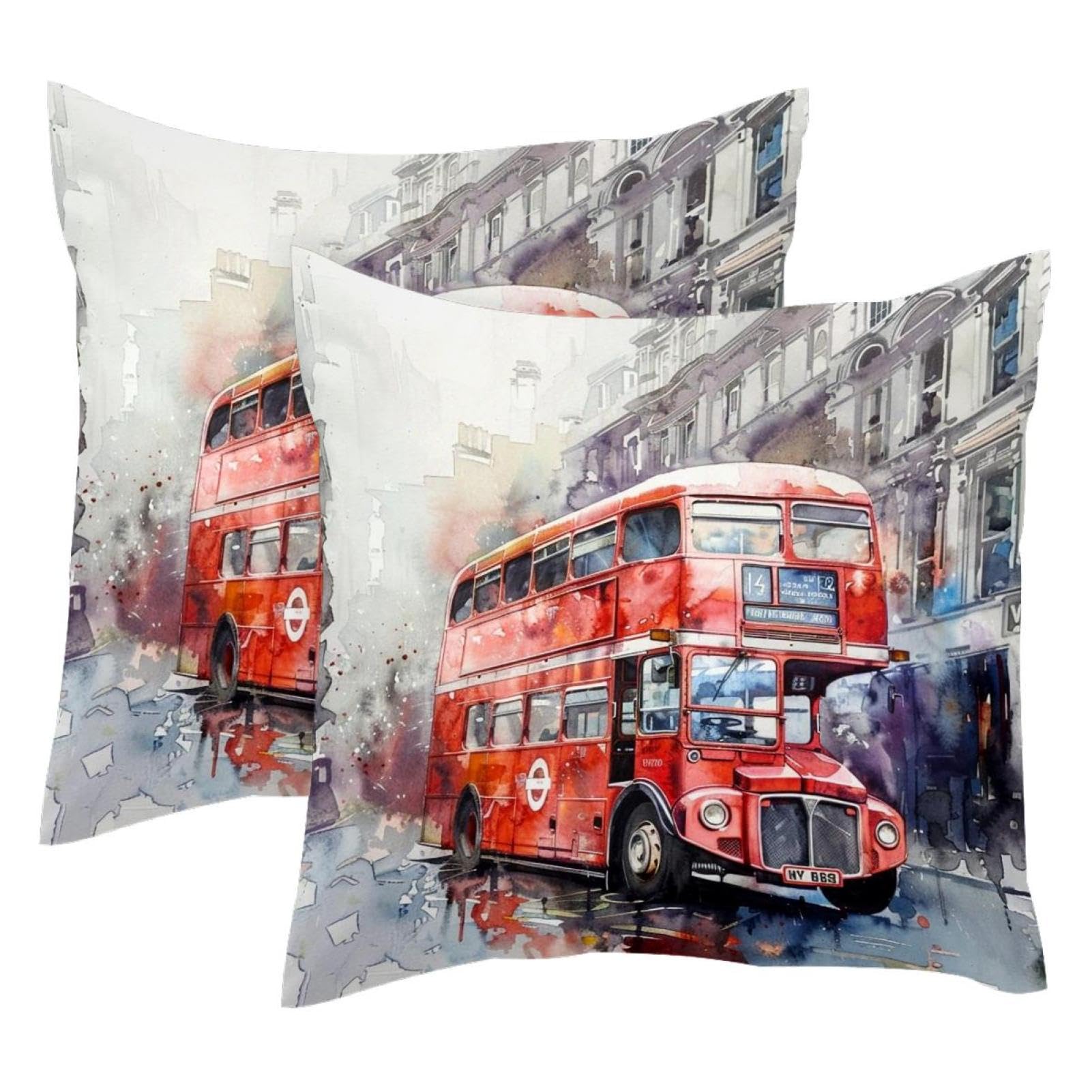 Housses de coussin velours bus londonien pour décorer votre salon