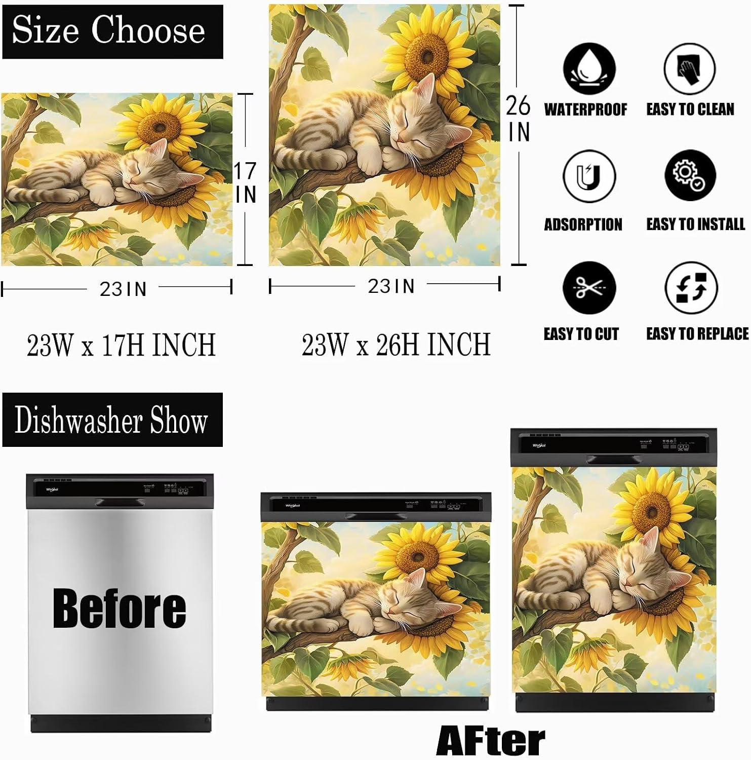 Sunflower Sleeping Cat Dishwasher Magnet Door Cover,Cute Refrigerator Magnets Kitchen Decorative,Home Appliance Magnetic Panel Decal 23" x 17" Magnetic