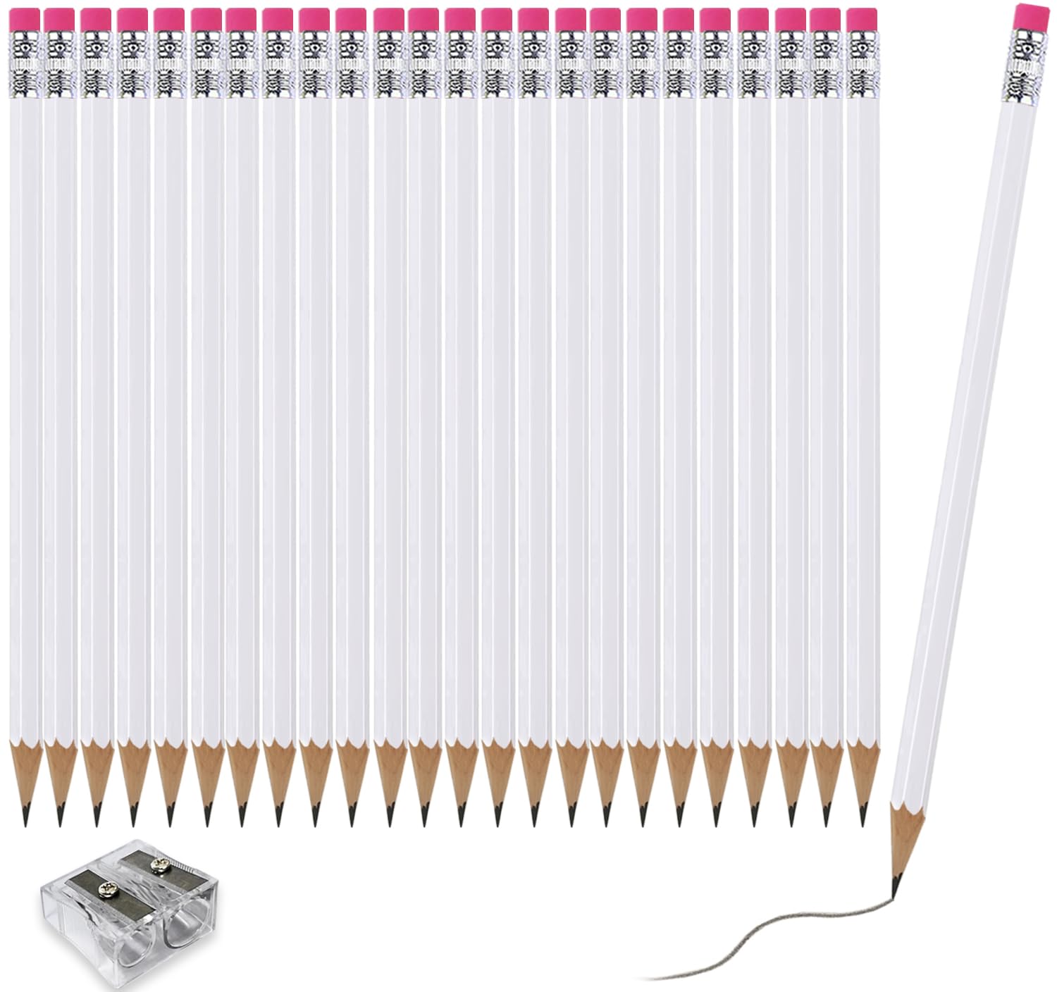 Adhere Wood-Cased pencils Pre-Sharpened 2B Pencils with Eraser, 25-Pack with free Sharpener ideal for home, office, or classroom writing (White)