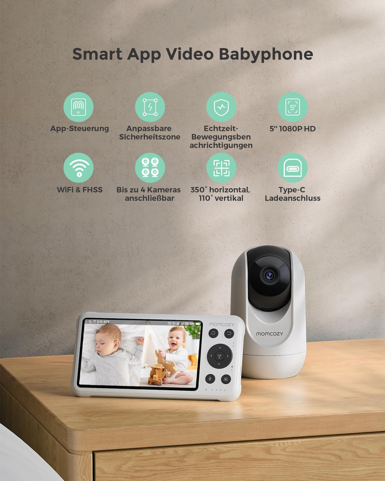 Momcozy BM04 babyphone mit kamera, Smart WLAN Baby monitor, 5-1080P-Bildschirm baby Kamera mit Wandhalterung, Bewegungs- und Schreierkennung, Sicherheitszone, klare Nachtsicht, Foto- und Videoaufnahme