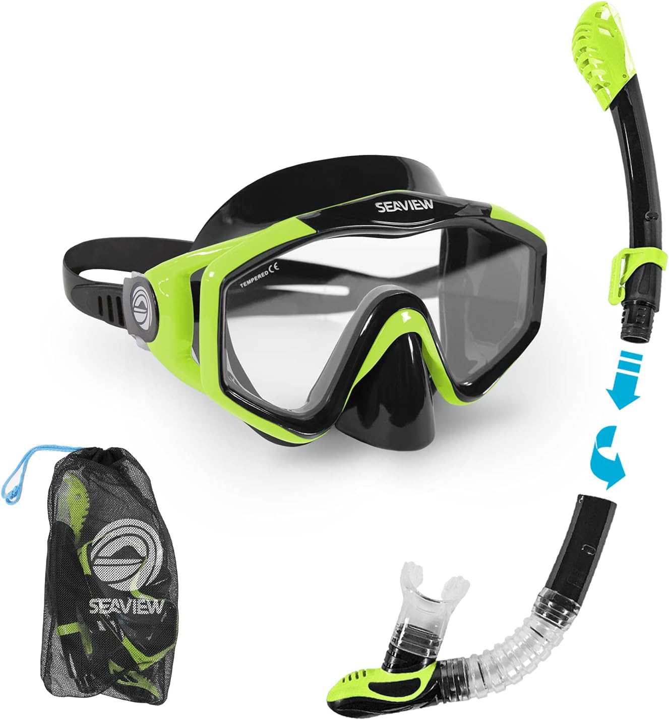 Seaview 180° Kradan Dry Snorkel Set. Wide View Panoramic Tempered Glass Diving Snorkel Mask. Adjustable Strap & Dry Valve Collapsible Swim Scuba Mask. Travel Collapsible set Snorkeling Gear for Adults : Sports & Outdoors