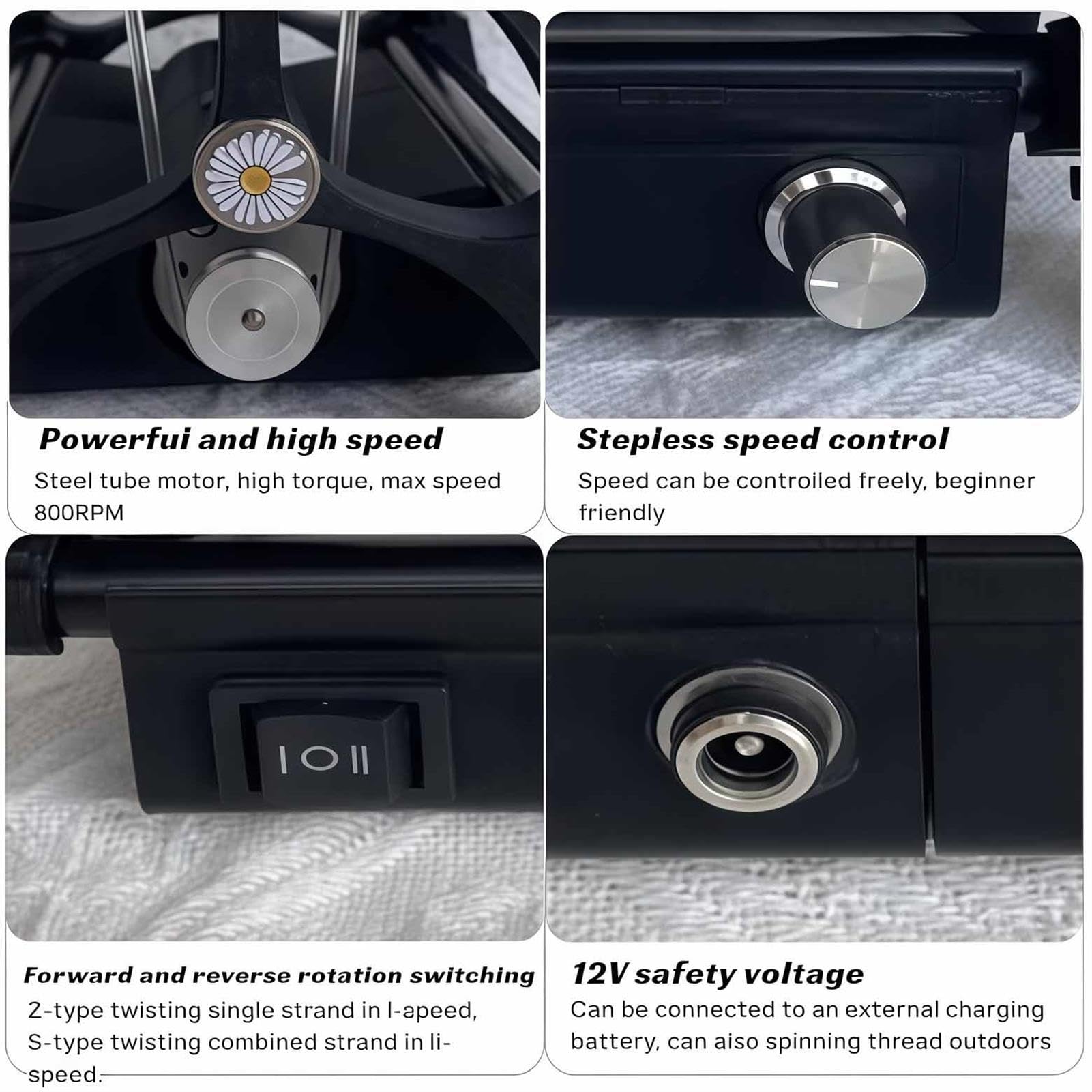 Mini elektryczne koło spinningowe do wełny, 12 V z 3 szpulami, funkcja do przodu/do tyłu, maksymalna prędkość 800 obr./min, pojemność 120 g do skręcania włókien wełnianych