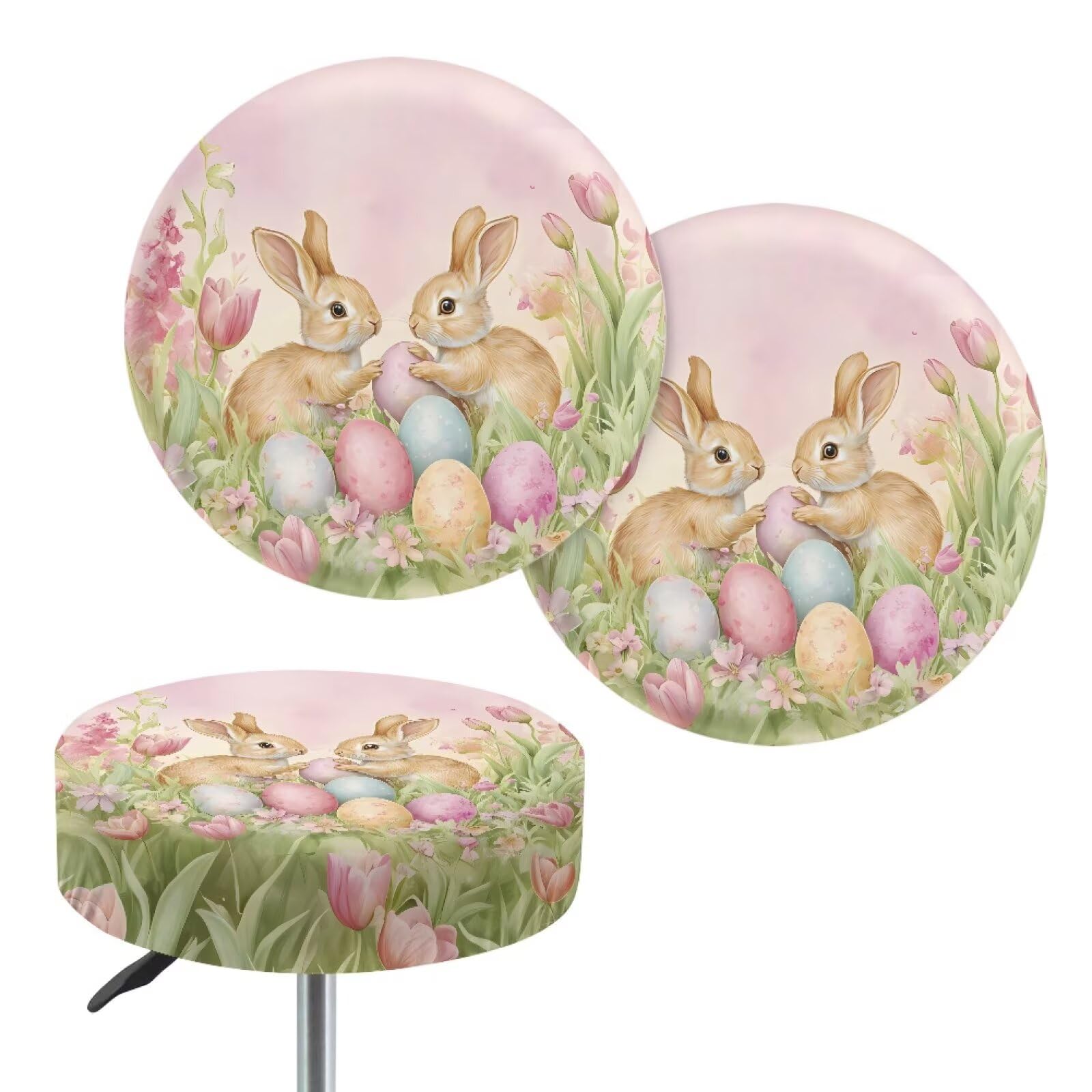 Wanyint Stool Covers Round Elastic 14"-16" Round Bar Stool Seat Cover Protector Breathable Saddle Stool Slipcover for Home Easter Decor, 2 Count, Retro Bunny Egg Tulip Pink โ image 1