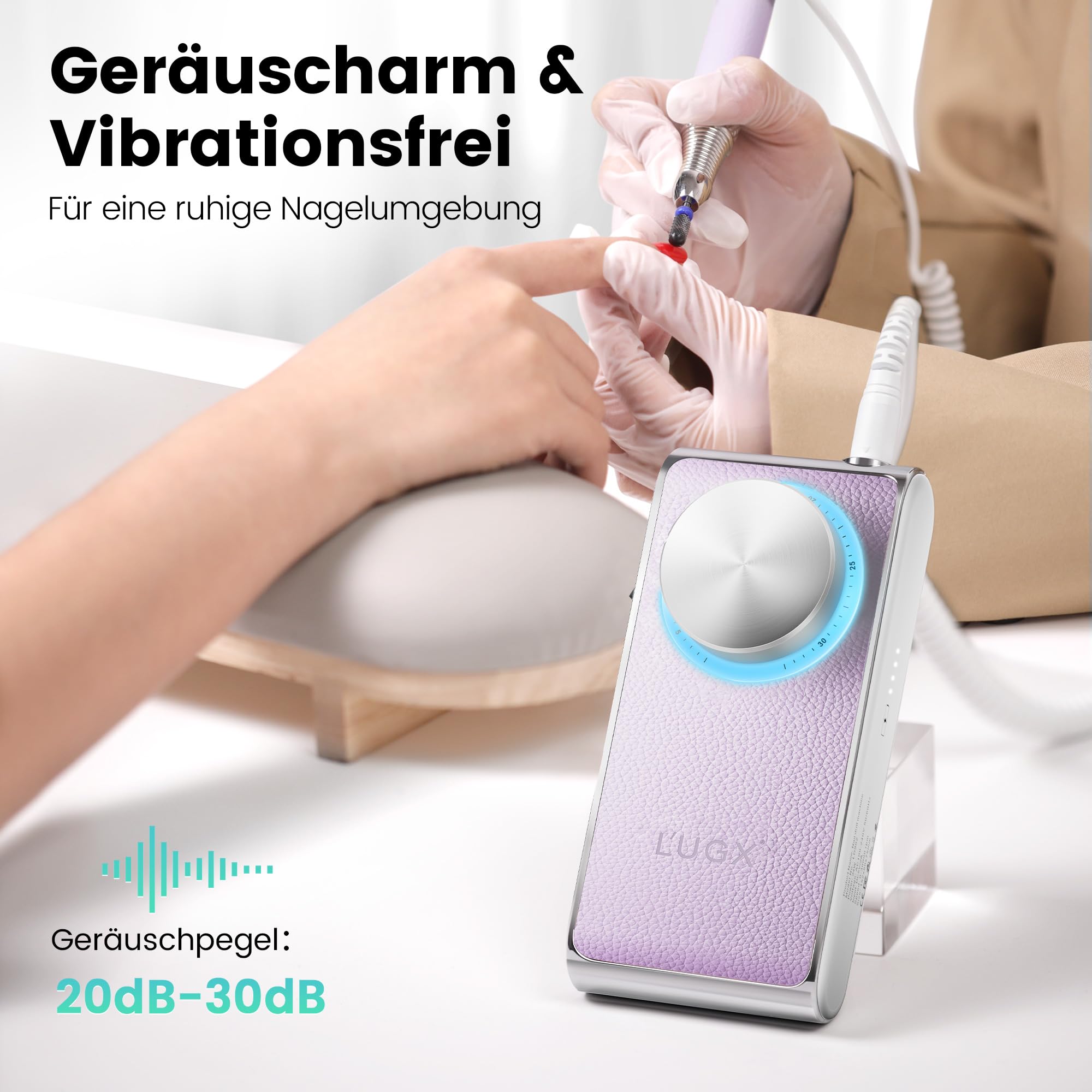 L'UGX Kabellose Nagelfräser Professionell 30000 RPM – Kernlosen Motor Tragbarer Elektrische Nagelfeile für Gel- & Acrylnägel, Maniküre Set Elektrisch, Leise & Vibrationsarm, Lange Akkulaufzeit-Lila