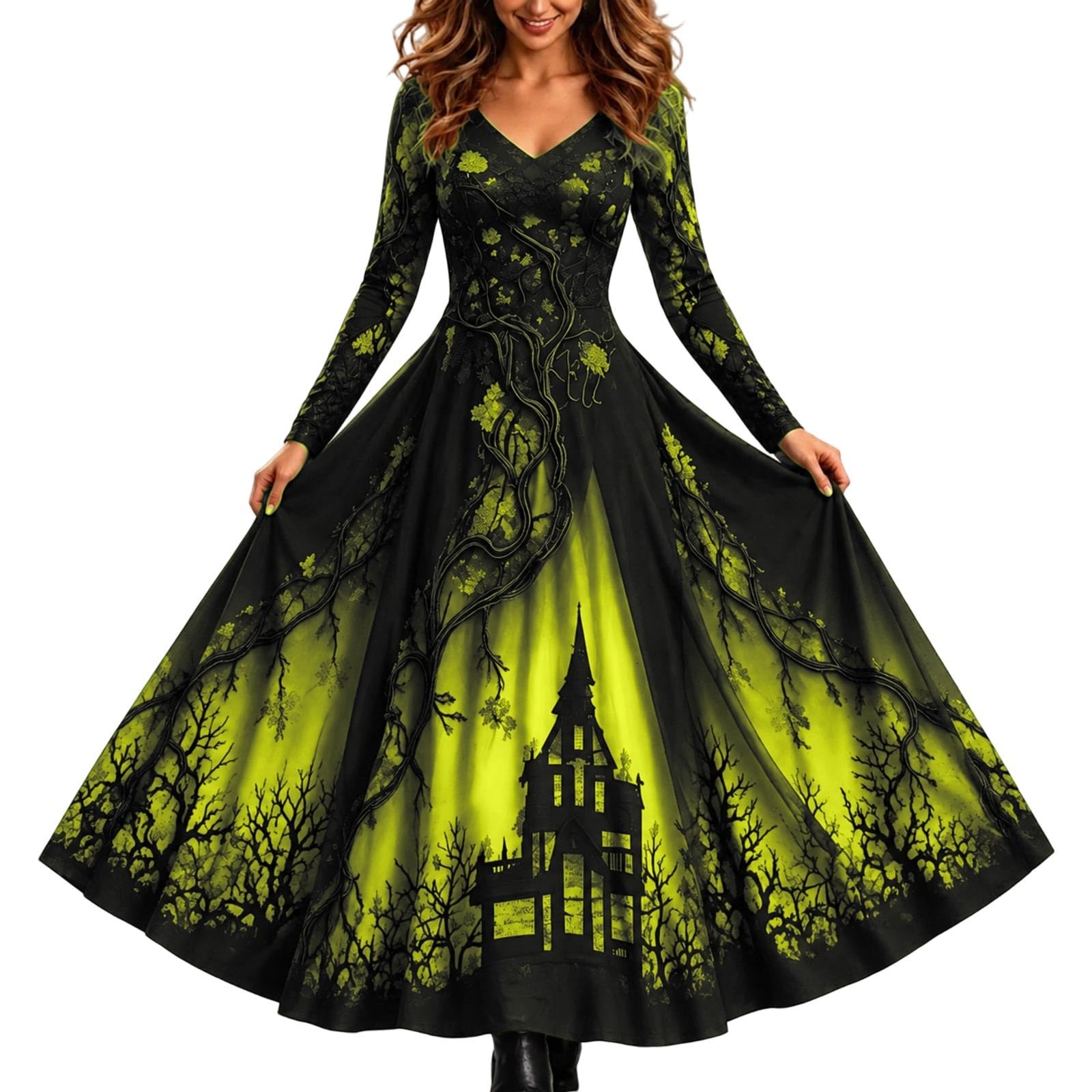 Halloween Costume Women's Skeleton Dress Midi Dress Gothic Dress Halloween Fancy Dress Costume Skeleton Skull A-line Long Sleeve Midi Dress Calf Length Gothic Vintage Cosplay Party