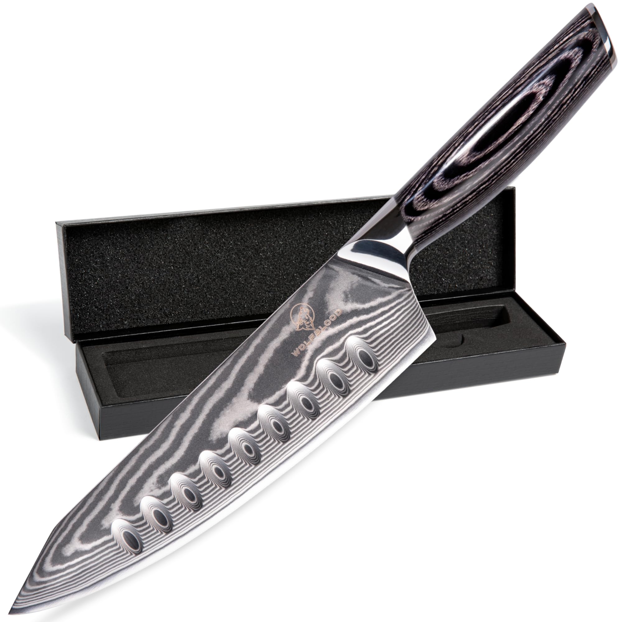 Wolfblood PRO Damastmesser Damast Küchenmesser XL(33cm) TÜV geprüfter 62 HRC Damaststahl aus 67 Lagen I Kochmesser Profi Chefmesser mit Holzgriff Geschenkbox & Klingenschutz