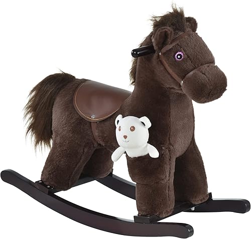 Vista 12 de Qaba Caballo mecedor de peluche para niños con juguete de oso, silla para niños con juguete de felpa suave y divertidos sonidos realistas, azul