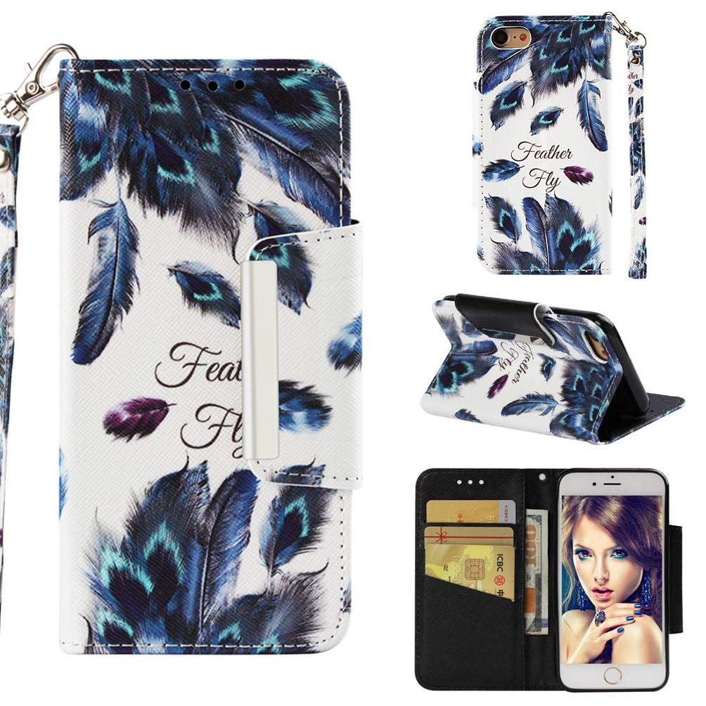 Firefish Case for iPhone 7/8,3D Printing Kickstand PU Leather Wallet Case with Magnetic Closure & Wrist Strap [Durable] Slim Shockproof Card Holder Compatible with Apple iPhone 7/8 -Feather