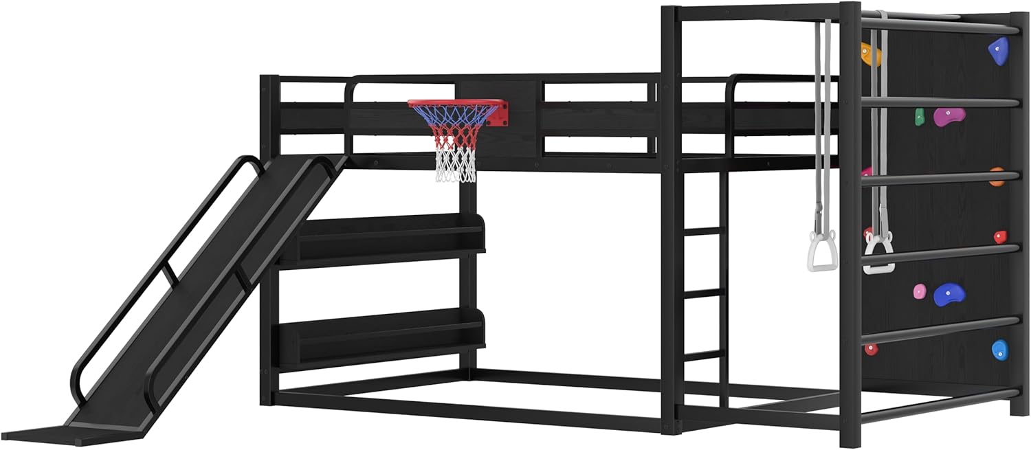 Full Metal Loft Bed with Slide and Storage Bookshelves, Heavy Duty Metal Bunk Bed Frame with Basketball Hoop, Pull-Up Rings, Climbing Wall, Black