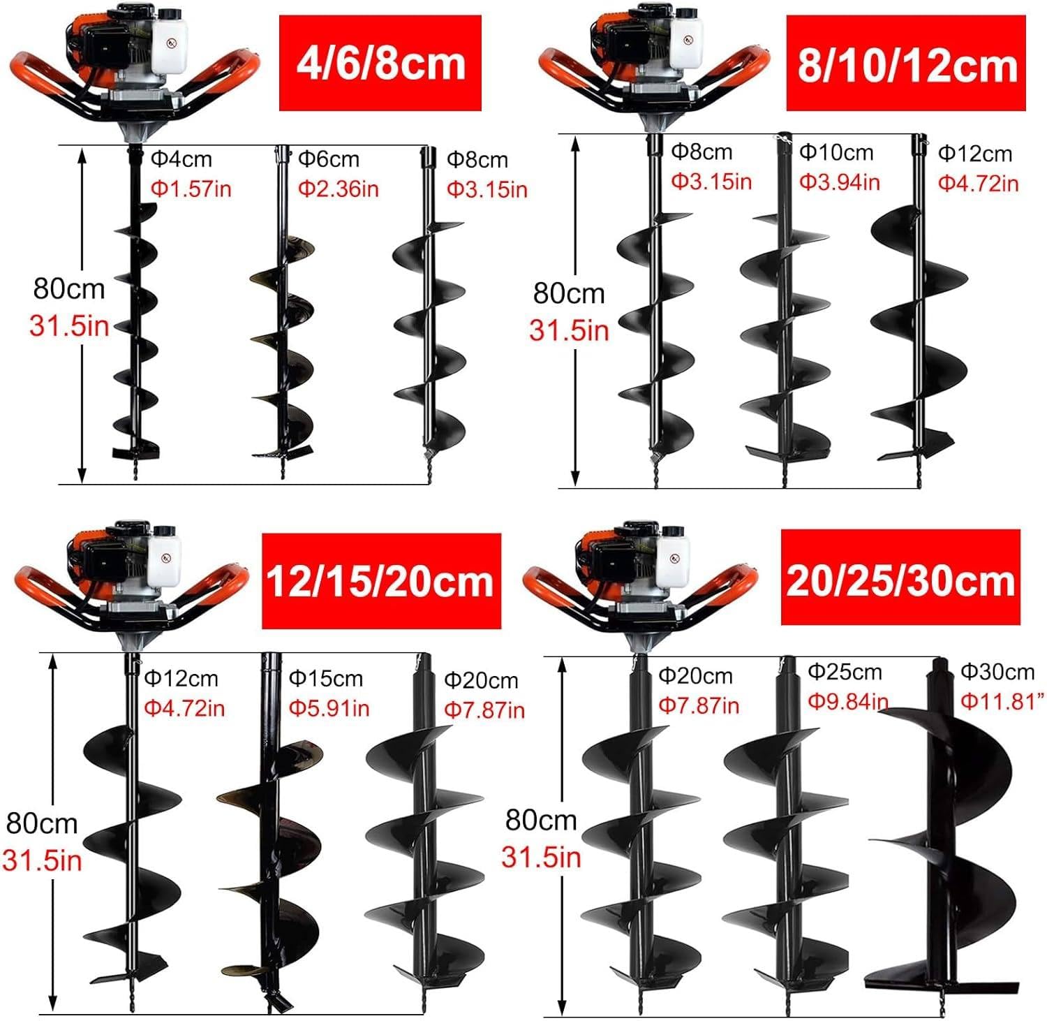 Mototrivella a Scoppio 199cc Trivella per recinzioni buca per Pali Scavatrice a Spirale a Benzina 3 Punte per Trapano prolunga 80cm 5CV 4 Tempi 1.2L 3.8kw Accessori di Sicurezza 12/15/20cm