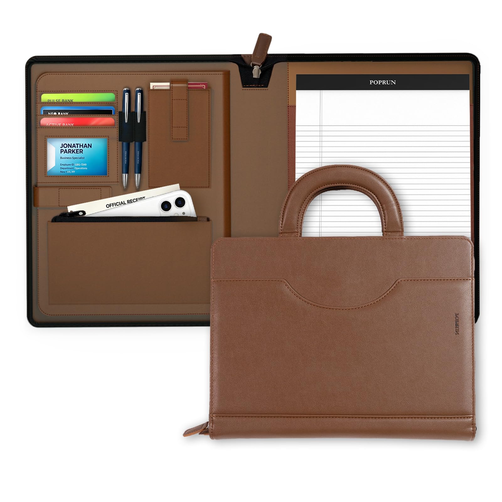 POPRUN Raccoglitore con cerniera, organizer per documenti in pelle con contenitore, cartella professionale ideale per riunioni, presentazioni e lavori, include blocco da 50 fogli, marrone