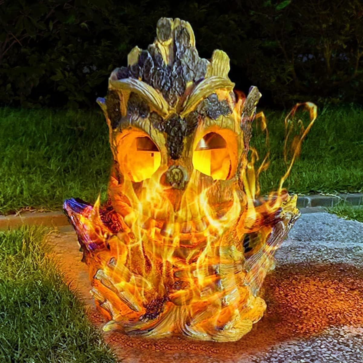 Solar Lights Garden Outdoor Statues Tiki Decor Stump on Fire Halloween