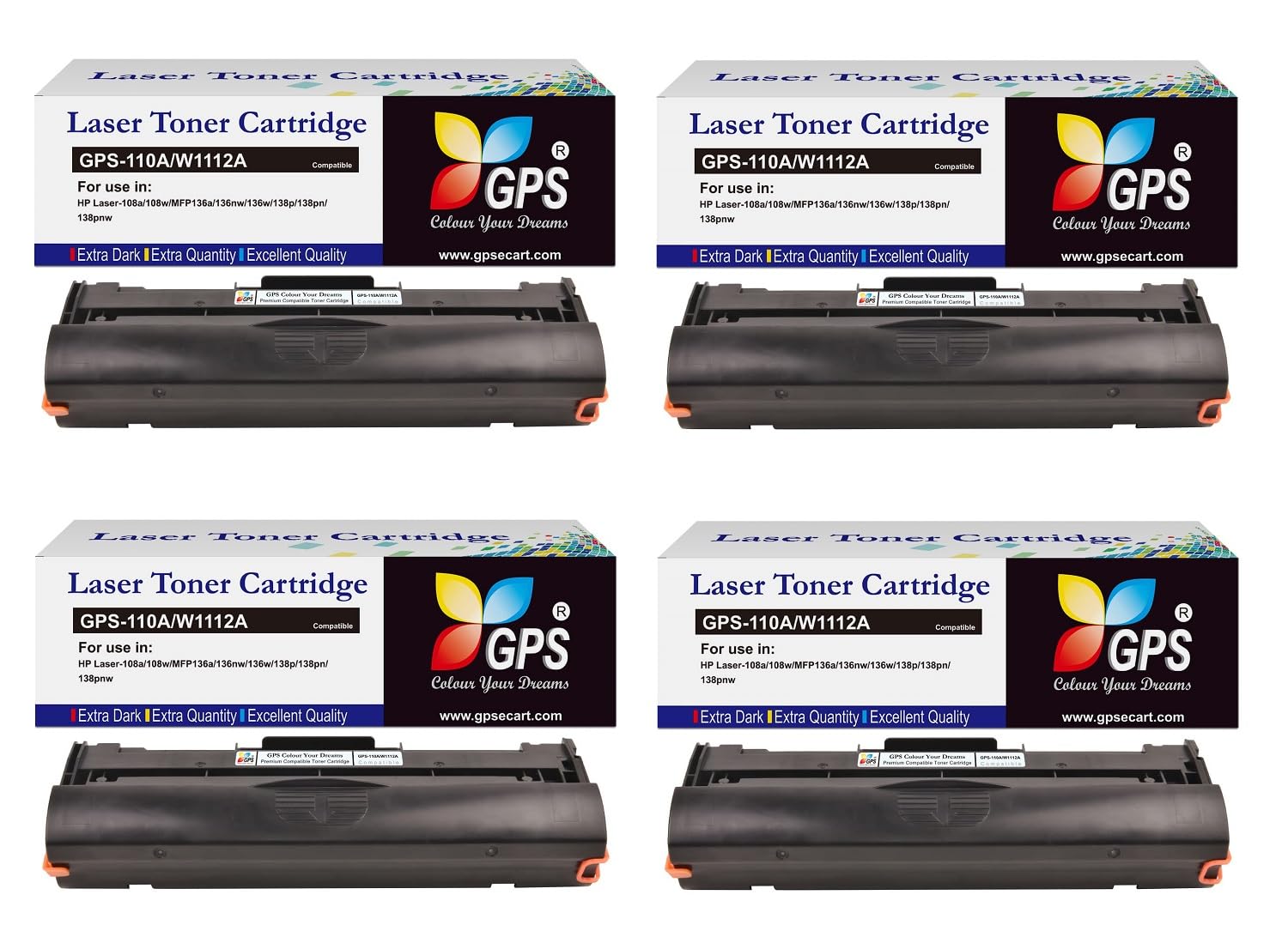 GPS 110A / W1112A Toner Cartridges with Chip Compatible with HP Laser 108, 108a, 108w, 136, 136a, 136w, 136nw, 138, 138pnw, 138fnw Printers (110A-4PCS)