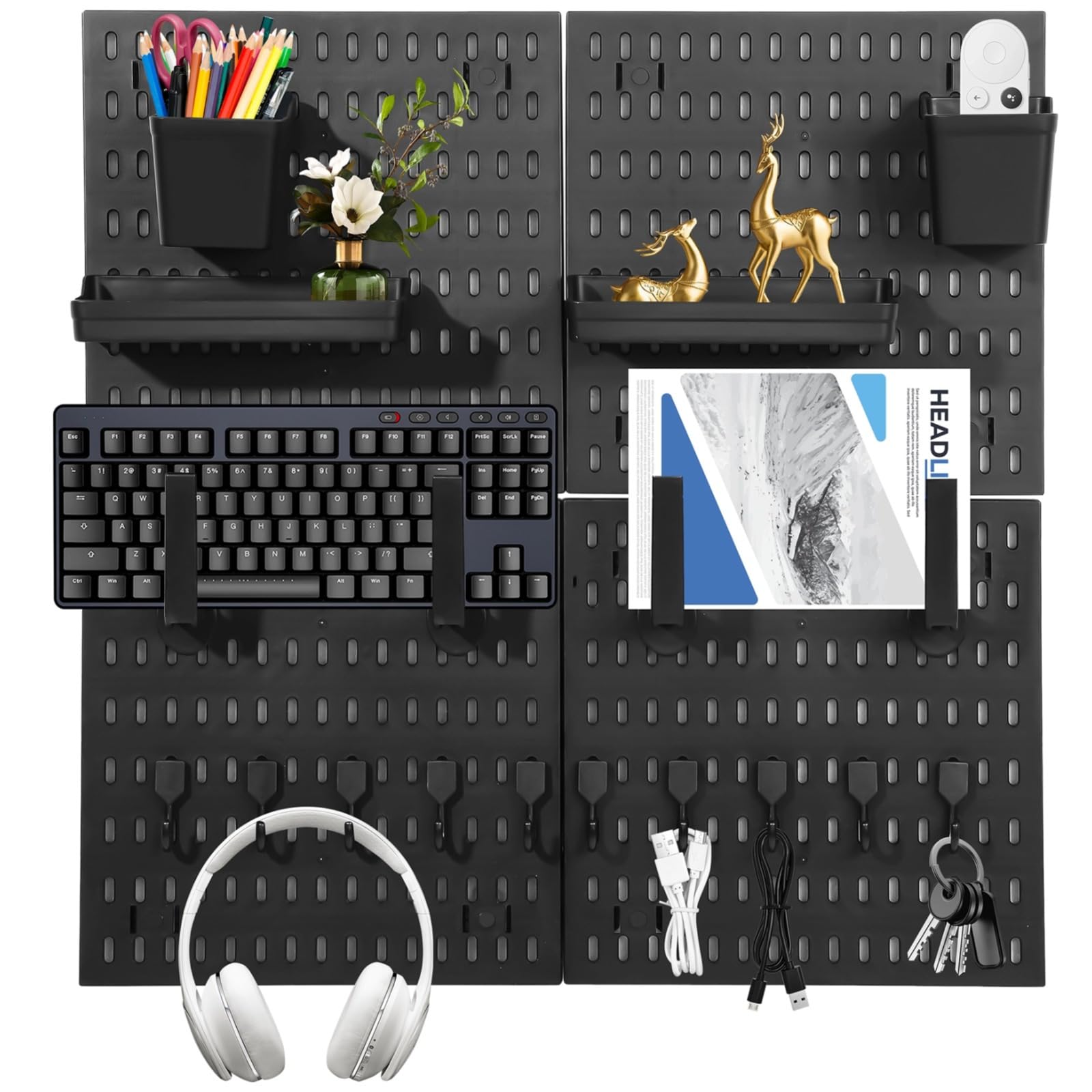 Panneau perforé mural pour bureau et salle de jeux avec plateaux pratiques