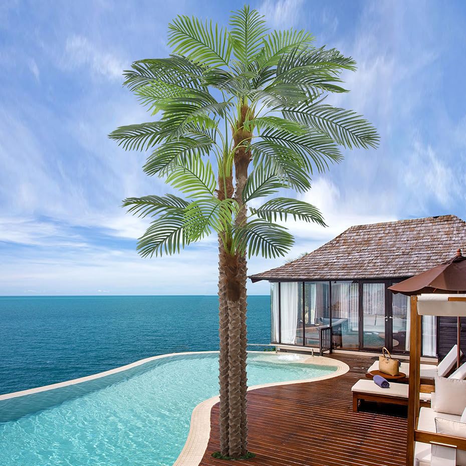 Artificial Triple Phoenix Palm Tree 10FT with 36 Leaves Real Bark Tropical Coconut Areca Sago Palm Tall Large
