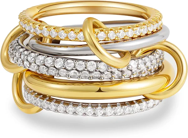 Eaciy Gold Stackable Rings for Women, 14K Gold Plated Cubic Zirconia Rings, Silver Gold Multi Ring Mixed Metals Stackable Ring Set for Women Non Tarnish