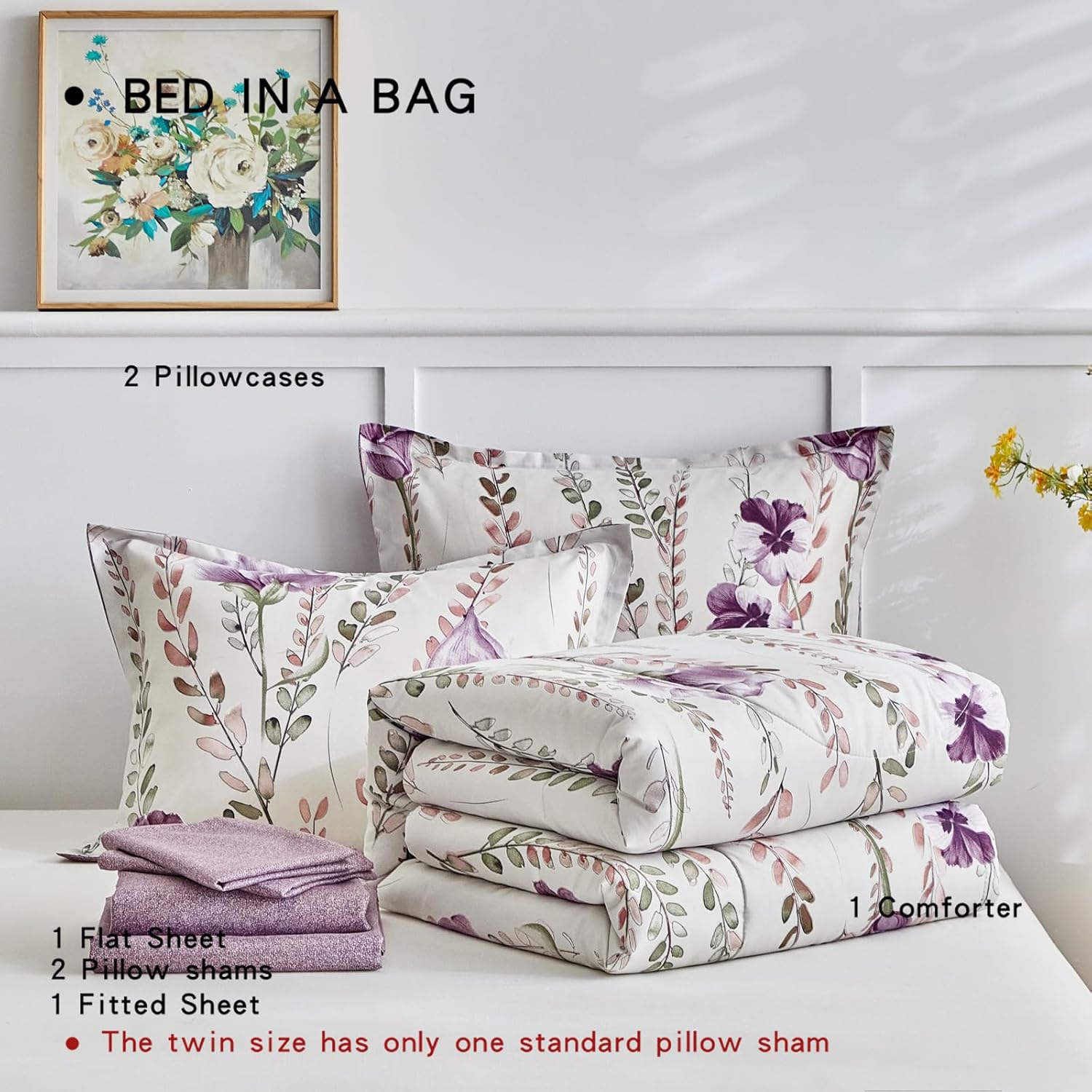 AIKASY Bed in a Bag 7-Piece Queen Comforter Set - Soft Microfiber Bedding with Elegant Floral, Lightweight and Breathable for All-Season (Regal Purple)