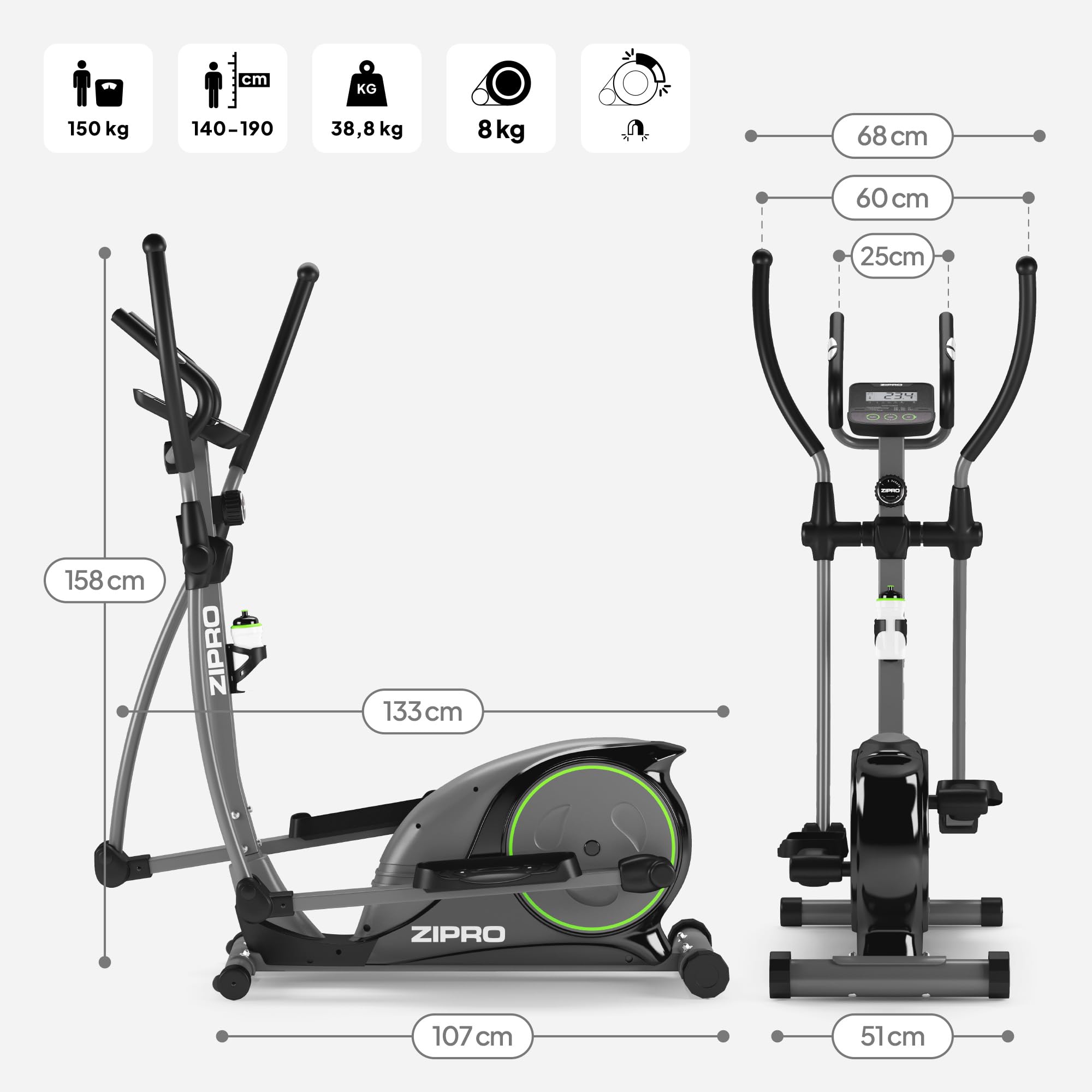 Zipro Crosstrainer Hulk, Ellipsentrainer bis zu 150 kg, Crosstrainer für Zuhause, Cardio Trainingsgerät, Exercise Machines, Heimtrainer, 8 Widerstandsstufen