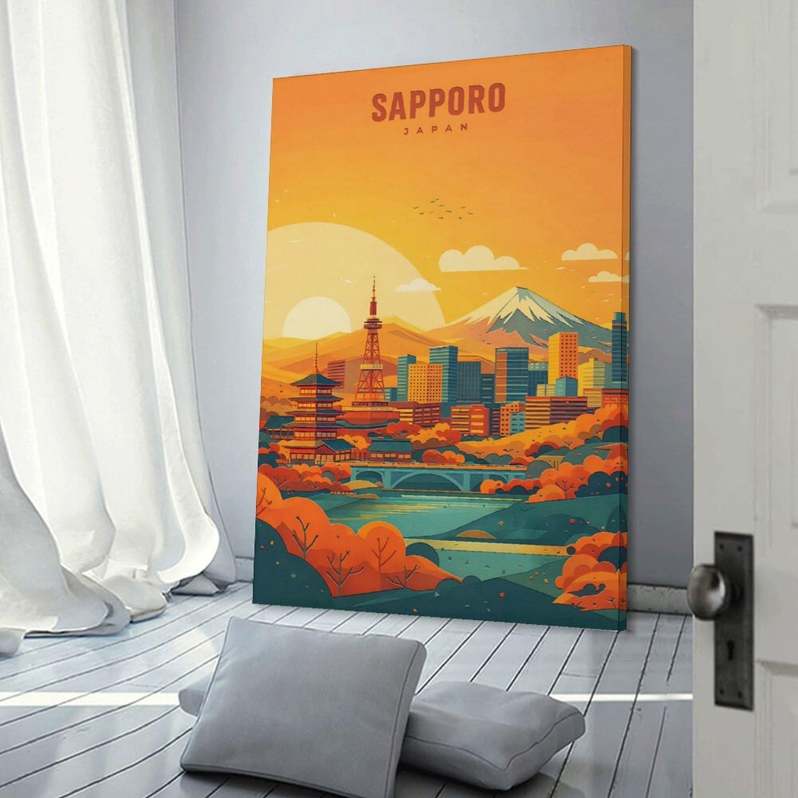Junmoney Hanging Wall Art Sapporo Cityscape at Sunset, 16x24inch(40x60cm), for Small Homes, Bedrooms Or Open Spaces, Wall Decor with Flexible Room Appeal