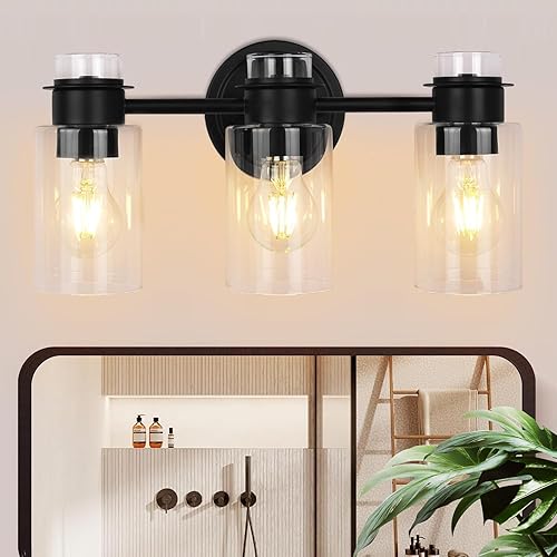 Miniatura 7 de Lámpara de tocador de baño de 3 luces color negro mate sobre el espejo, pantalla de vidrio transparente y diseño a prueba de óxido para baño,