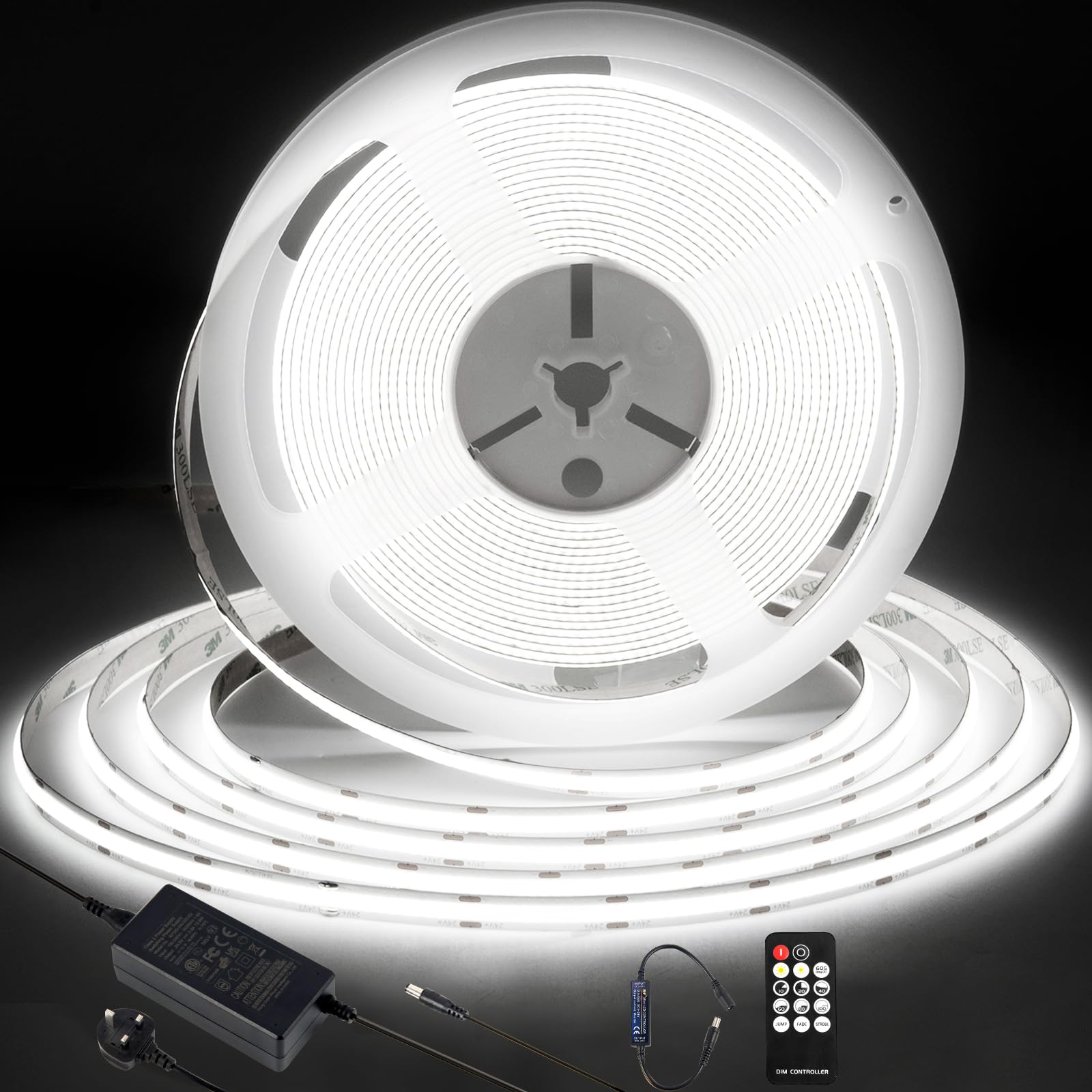 COB LED Strip 10M,6000K Daylight White Dimmable Dotless LED Strip Lights ,with 3840 LEDs,CRI90+, 8mm Wide ,with RF Remote and Power Supply, 24V LED Light Strip for Indoor Room,Kitchen,cabinets,Mirrors — image 1