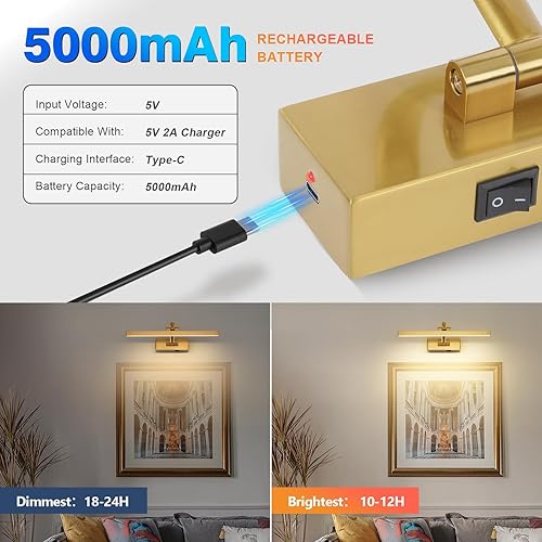 Miniatura 5 de Luces de imagen para pared que funcionan con pilas, iluminación artística de latón para pinturas con control remoto y temporizador, luz inalámbrica