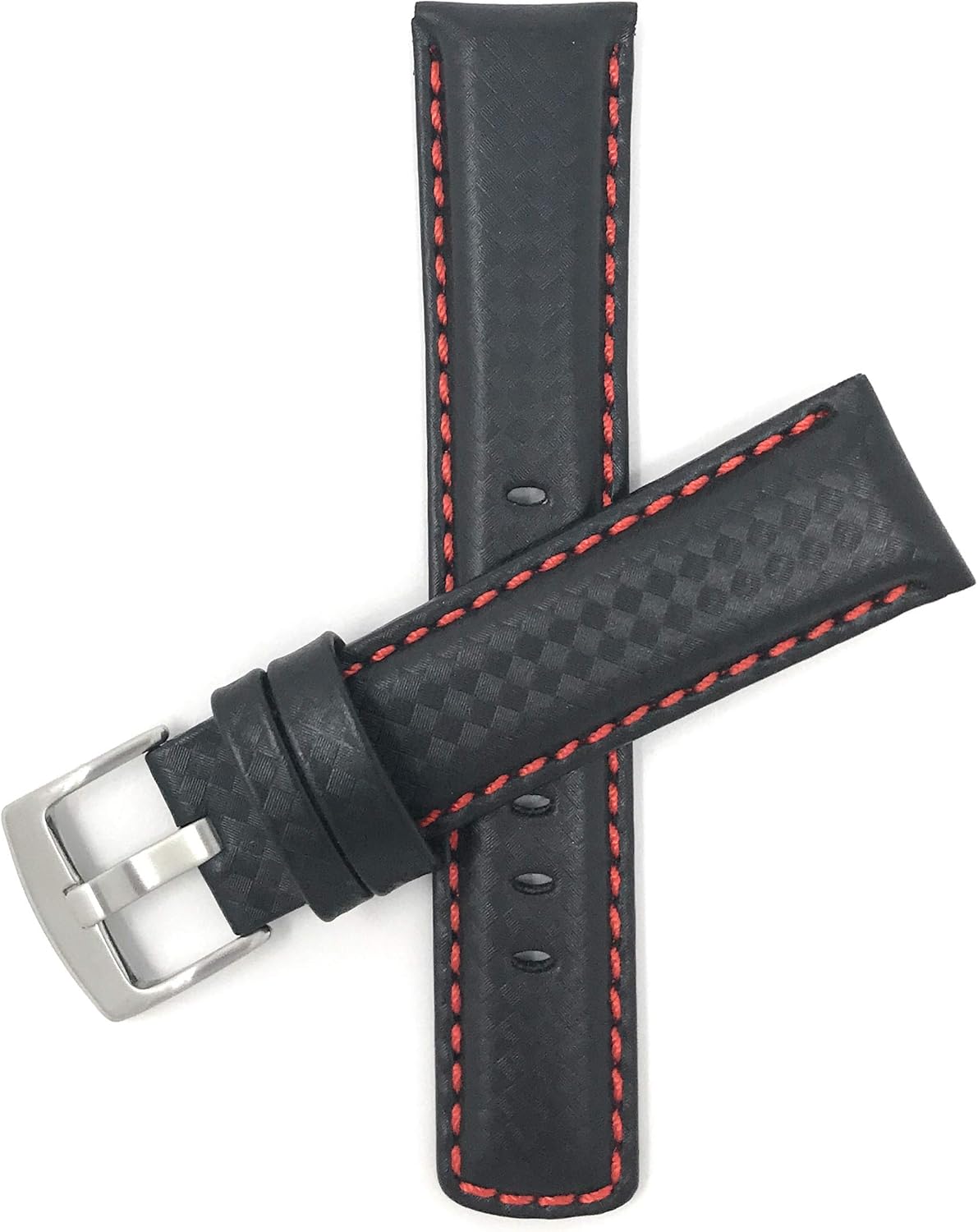 Bandini Mens Carbon Fiber Leather Watch Band Straps, Black with Colored or White Stitch, 18mm, 20mm, 22mm, 24mm
