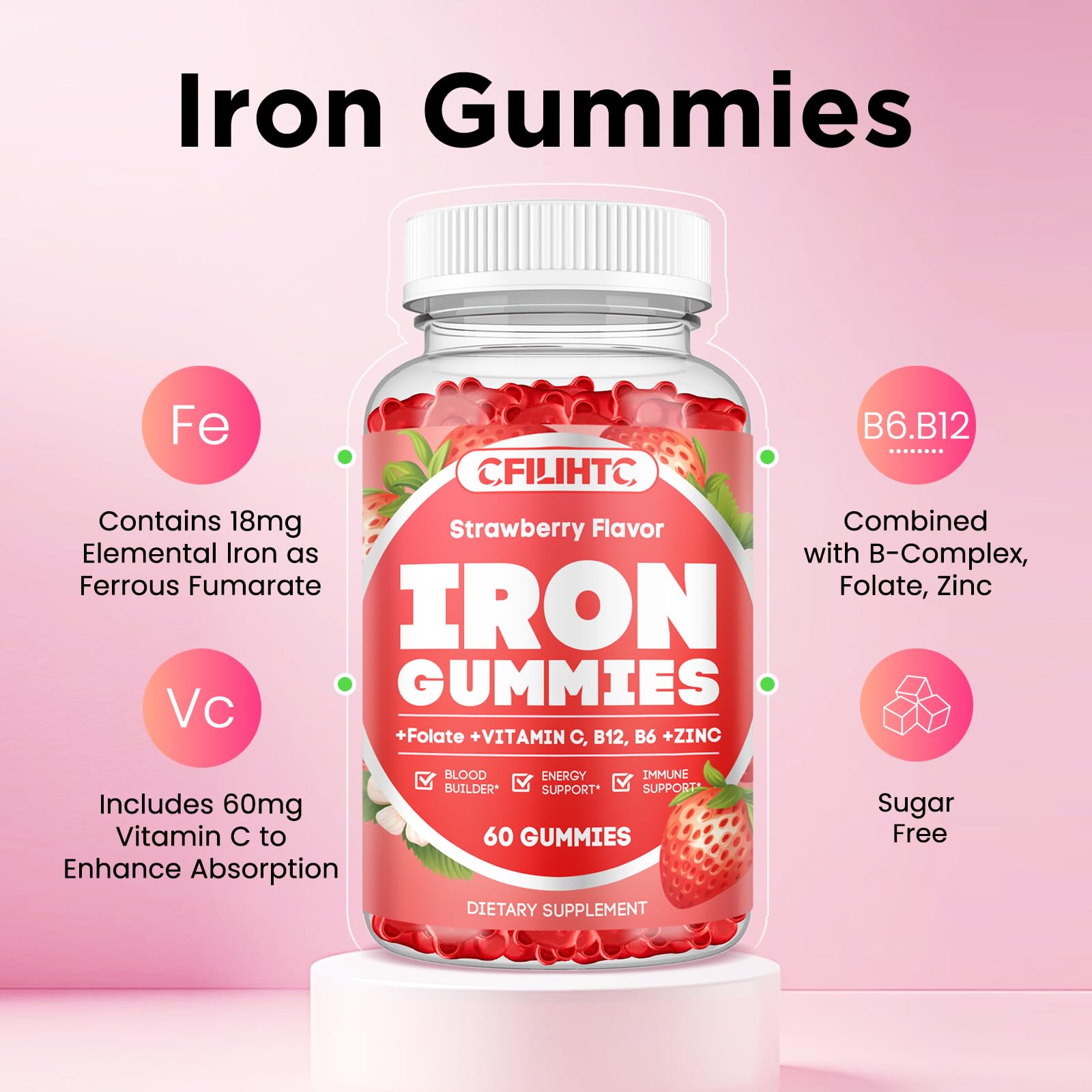 Iron Gummies for Women & Men - Iron Supplement with Vitamin B6, B12, C, Zinc, Folate for Adults & Kids - Support Iron Deficiency, Anemia, Energy Boost, Blood Builder - Sugar Free Vegan 60ct Strawberry — Amazon image 7