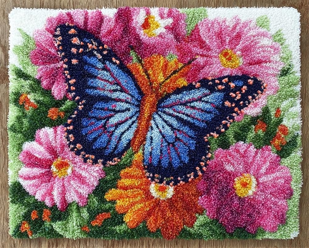 Kitquiver Latch Hook Rug Kits for Adults Beginners Butterfly Floral DIY Craft Doormat Rug Making Kit Tapestry Cushion Knitting Patterns Printed Mesh Mat Canvas Wool Yarn Fabric Gift Women 39X55In
