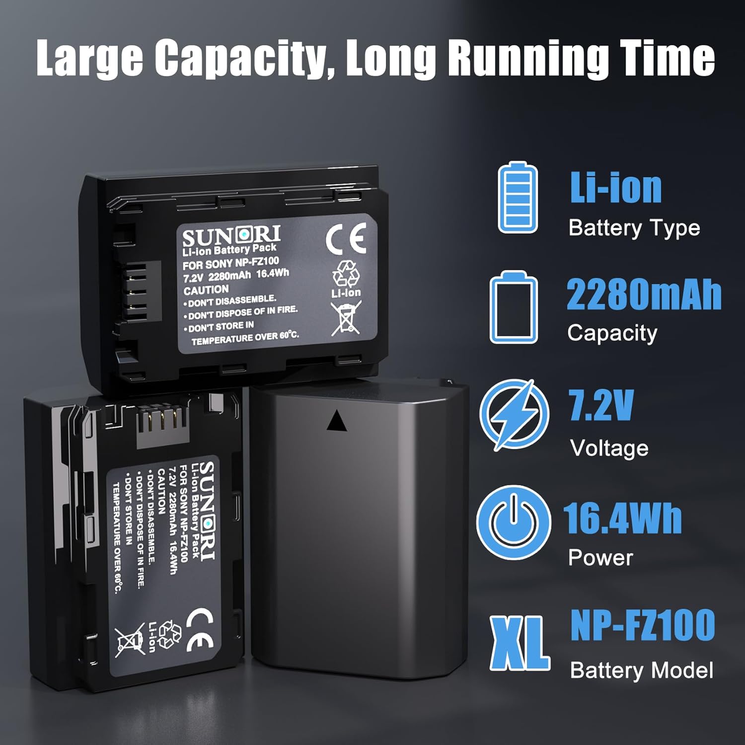 NP-FZ100 Replacement Battery 3 Pack and Triple Slot Charger Compatible for Sony ZV-E10ii, A7iii, A7iv, A7C, FX3, FX30, A9, A6600, A6700, ZV-E1, Alpha 9, A9S, A7R III, A7R IV, A7RV, 2280mAh