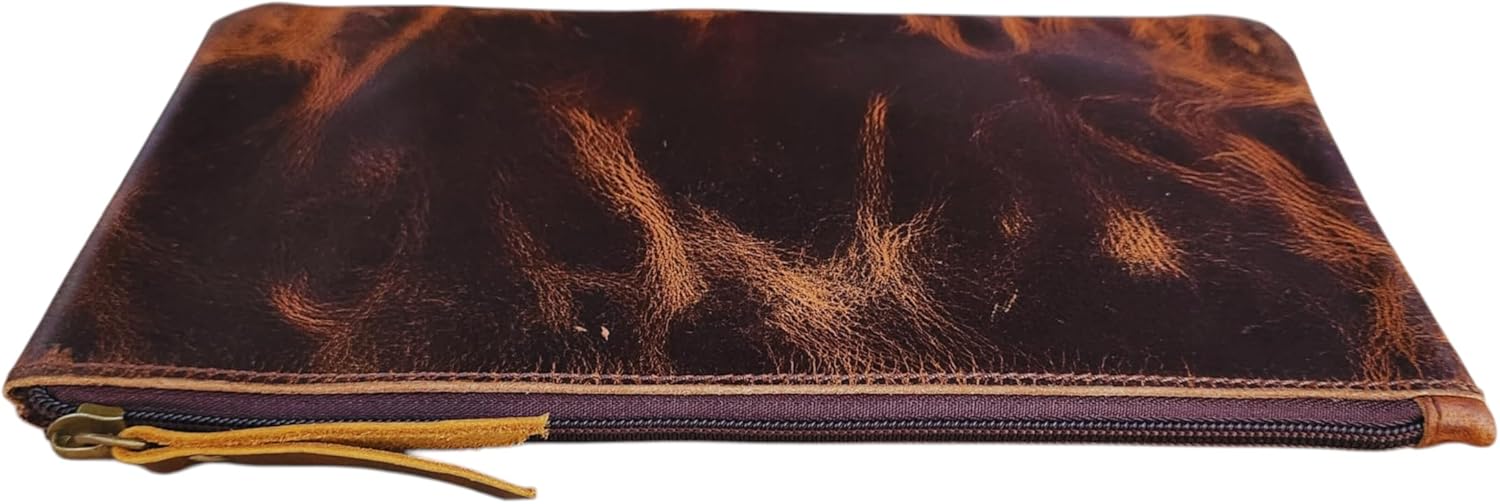 Handmade Leather Zipper Pouch for Women & Men Rustic Full Grain Wallet Bag Coin Purse, Card Holder, Travel Organizer Small Vintage Cosmetic Makeup Case Brown Genuine Leather