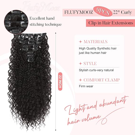 FLUFYMOOZ 9PCS Clip in Hair Extensions 22 Inch Curly Hair Extension Long Soft Synthetic Hairpieces for Women (Black Brown)