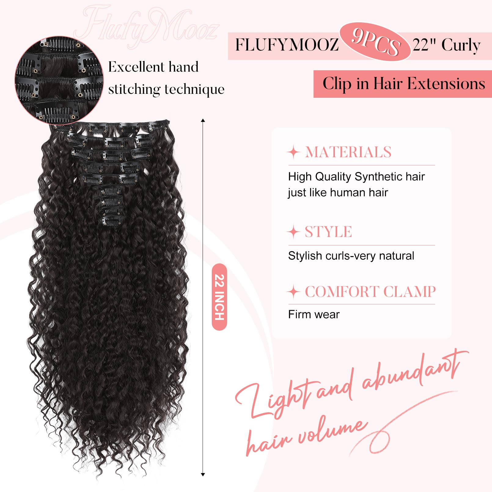 FLUFYMOOZ 9PCS Clip in Hair Extensions, 22 Inch Clip in Haarverlängerungen lockige Haarverlängerung, lange, weiche synthetische Haarteile für Frauen Schwarzbraun