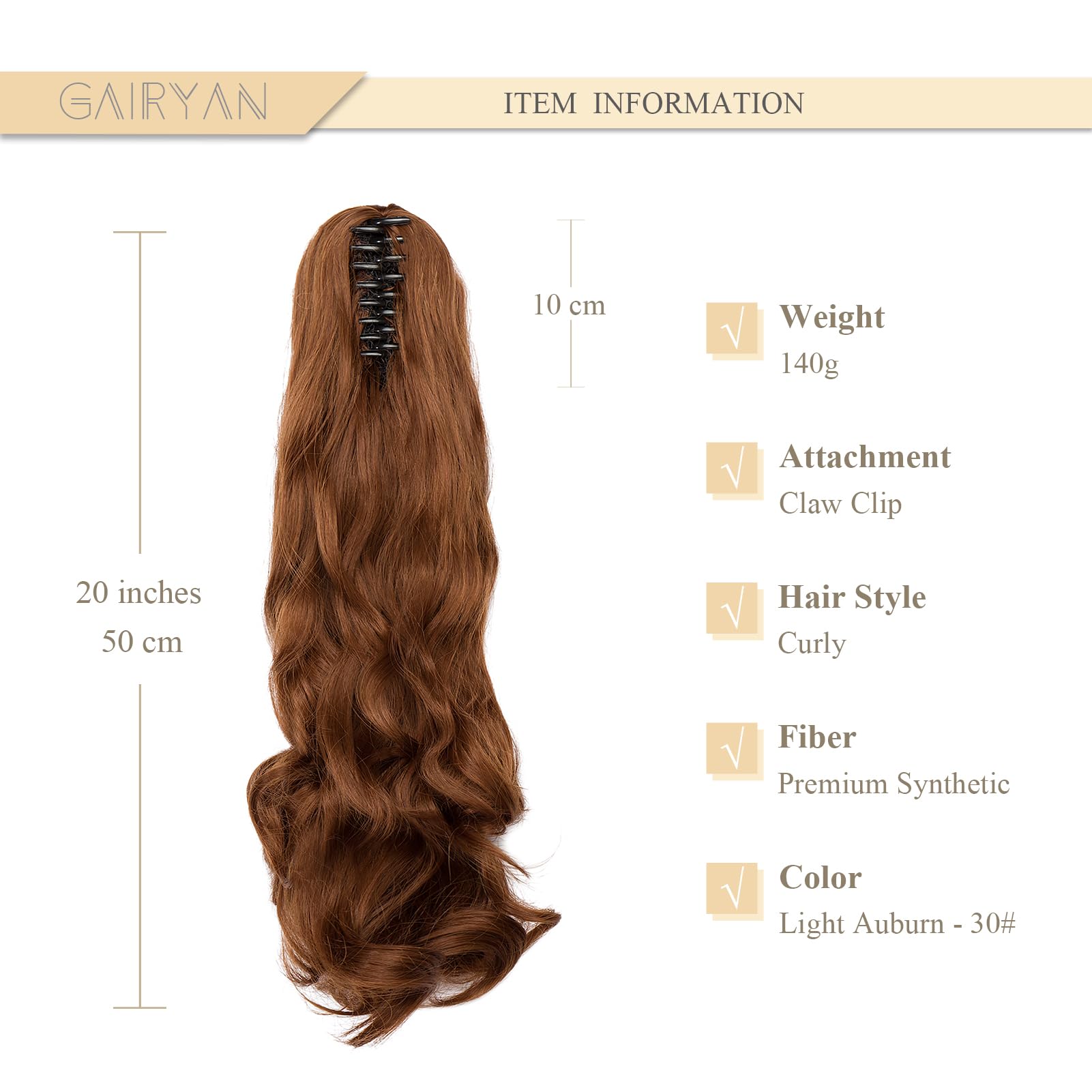 Gairyan 20inch Ponytail Extension Clip in Ponytail Hair Extensions Curly Wavy Pony Tails Claw on Ponytail Long Wave Synthetic Hairpieces for Women Soft Real Look (Light Auburn) - Image 2