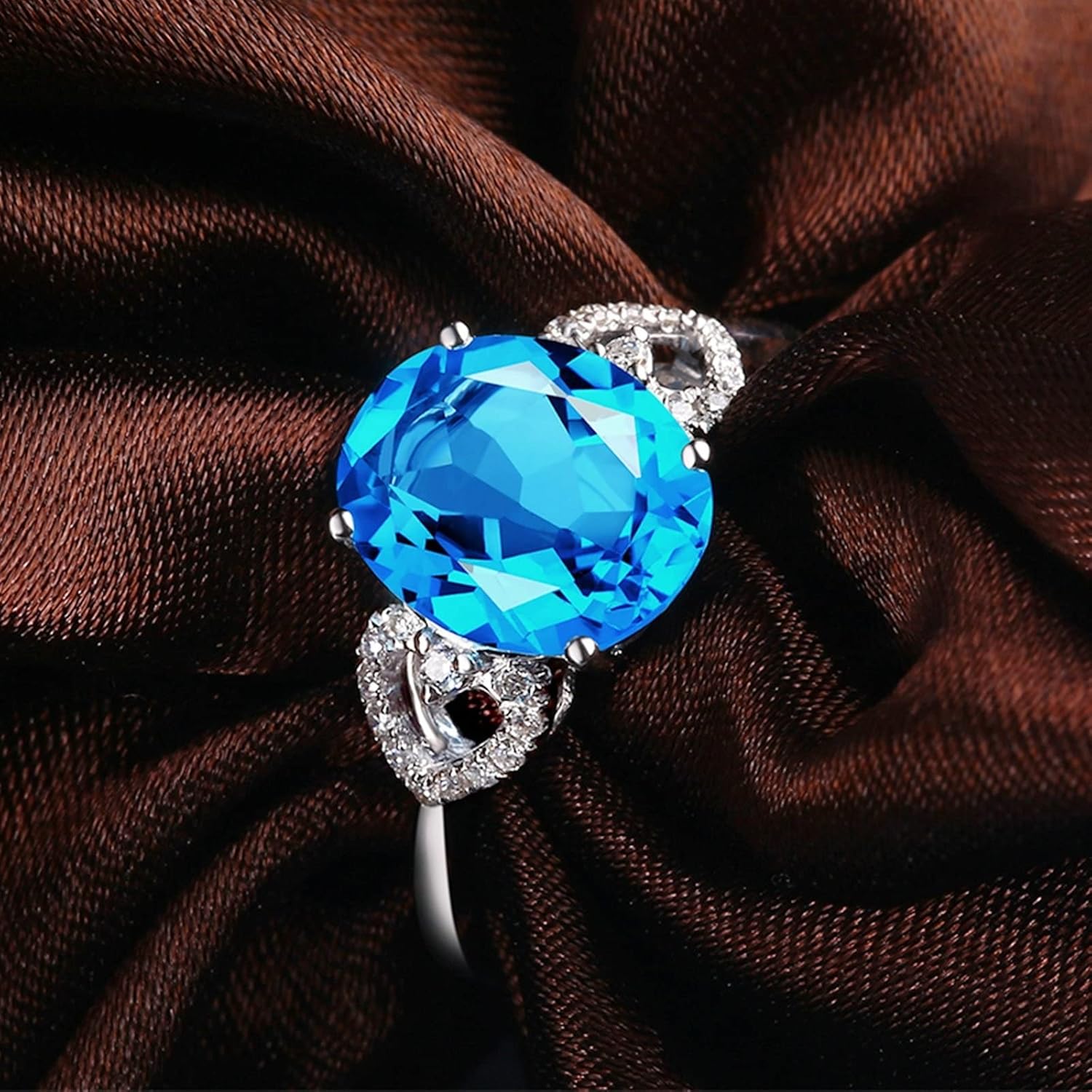 Engagement Ring 18K White Gold, Valentines Day Ring Blue Double Heart 2.71ct Oval Cut Blue Topaz Rings Jewelry Engagement Gift for Women