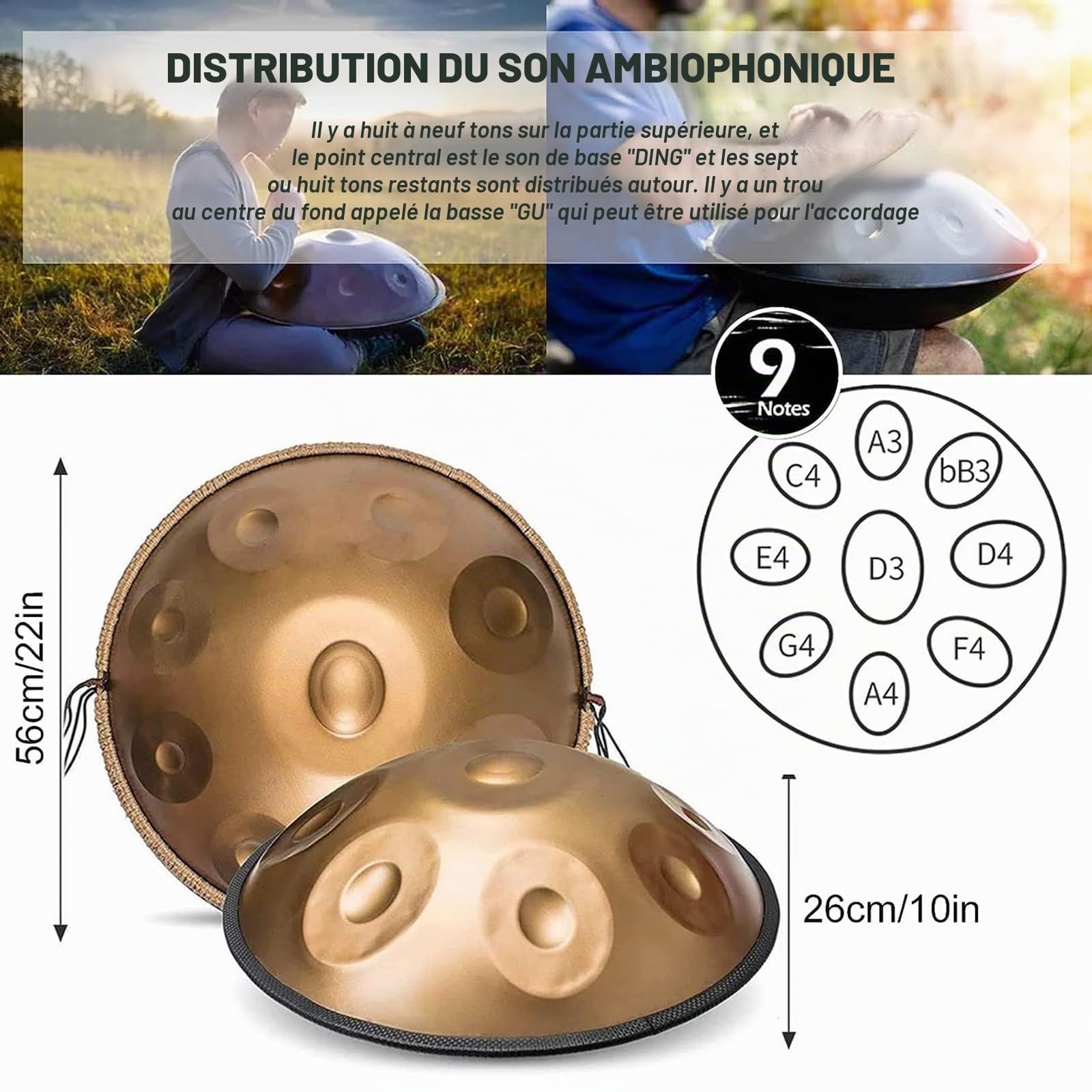 9/10 Noix Handpan in D Minor - 440Hz 22" Steel Drum With Soft Bag, 2 Hammers, Stand for Sound Healing, Meditation