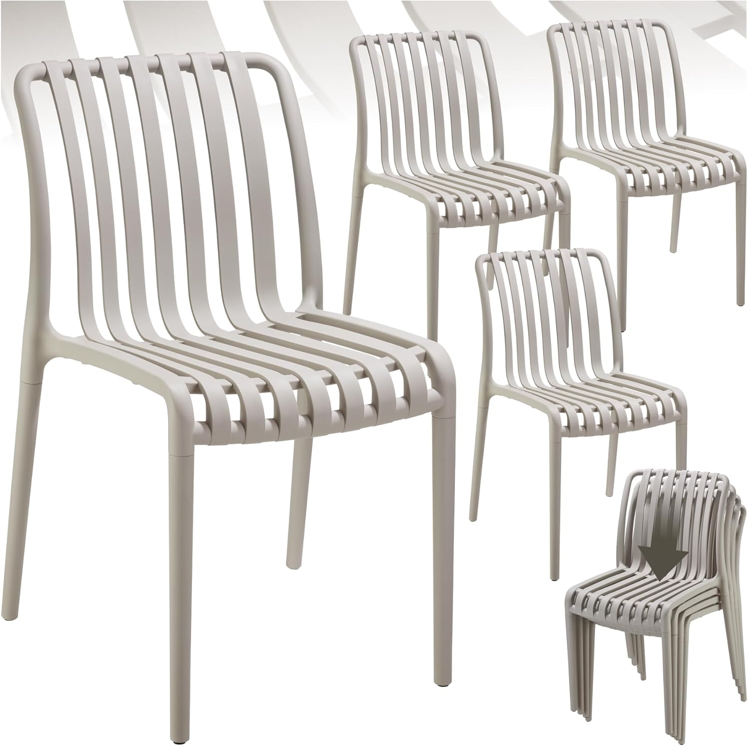 tectake®, Set da 4 sedie da giardino impilabili, sedia giardino esterno in plastica, sedie da esterno, terrazzo, sedie polipropilene, poltrone moderne, cucina, senza braccioli, mobili - Tortora