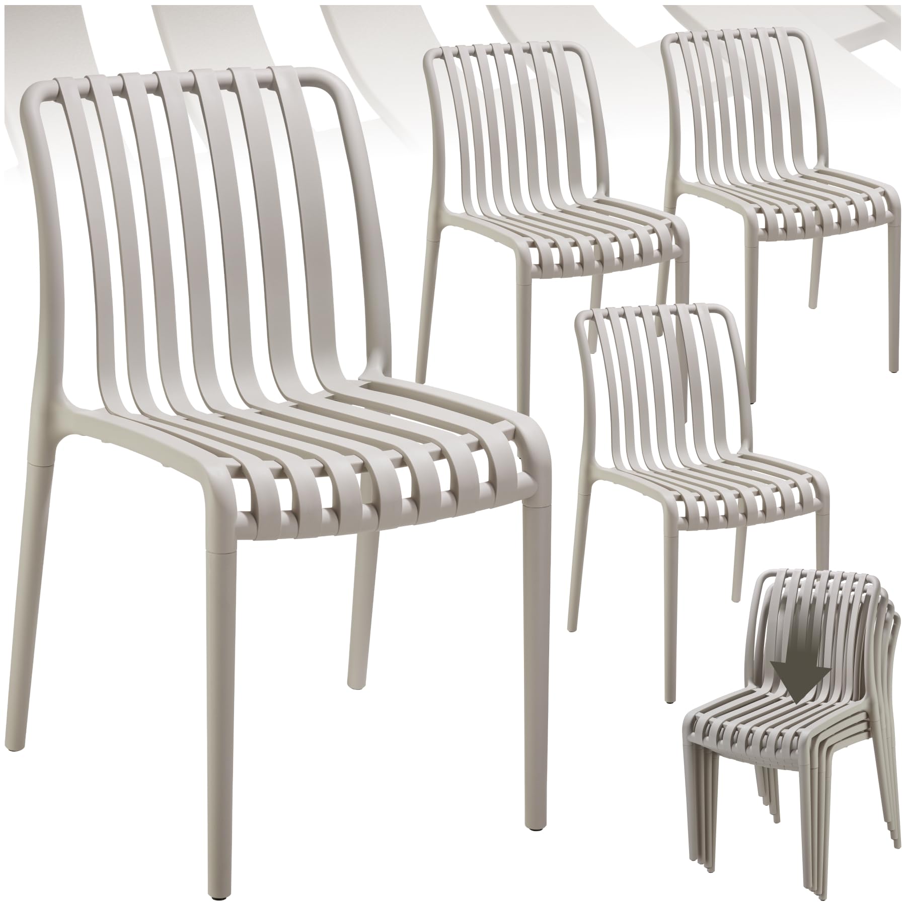 TecTake® Set of 4 Garden Chairs in Light, Airy Design, Outdoor Chairs in Weather-Resistant Plastic with Slatted, Curved Seat, Stackable Garden Chair Set for Backyard, Patio, Balcony - Taupe