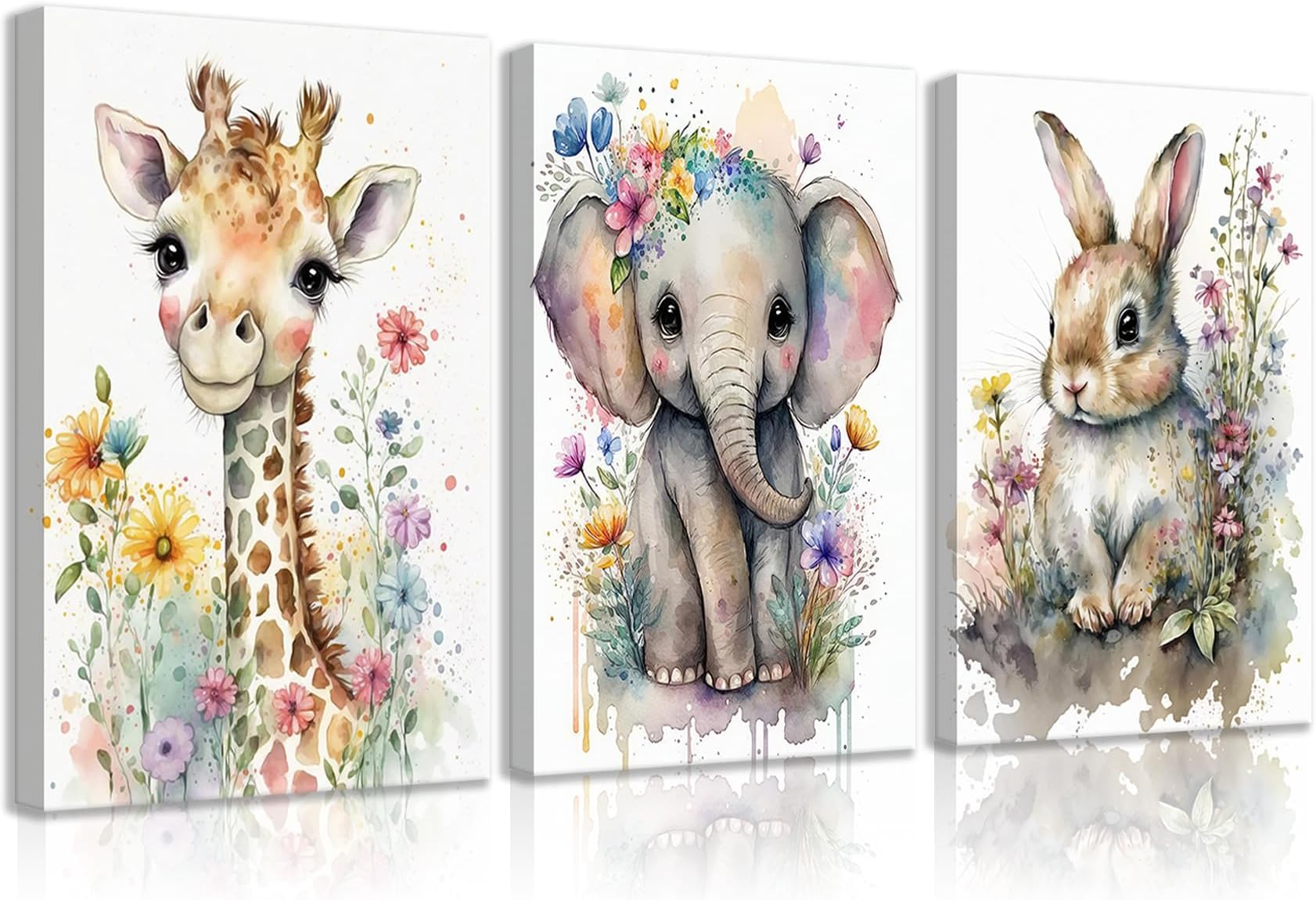 3Pcs Safari Animal Nursery Canvas Wall Art Watercolor Baby Animals with Wildflowers Picture Posters Wall Decor Cute Giraffe Elephant Rabbit Painting Print Artwork for Kids Children Room Decor 16x24in