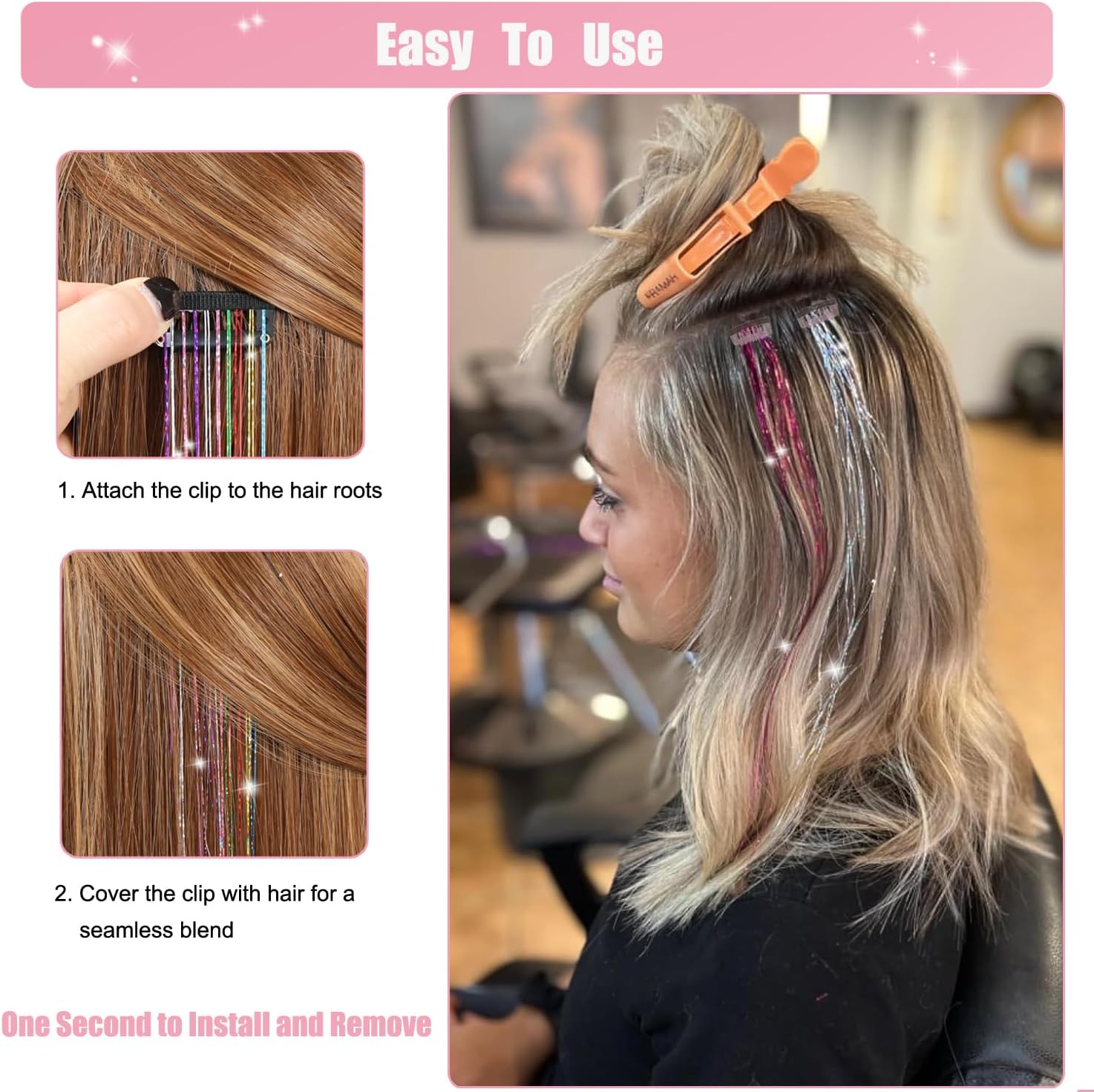 ヘアティンセルクリップ 18個パック 20インチ クリップインヘア ティンセル ピンク グリッター ティンセル ヘアー エクステンシ