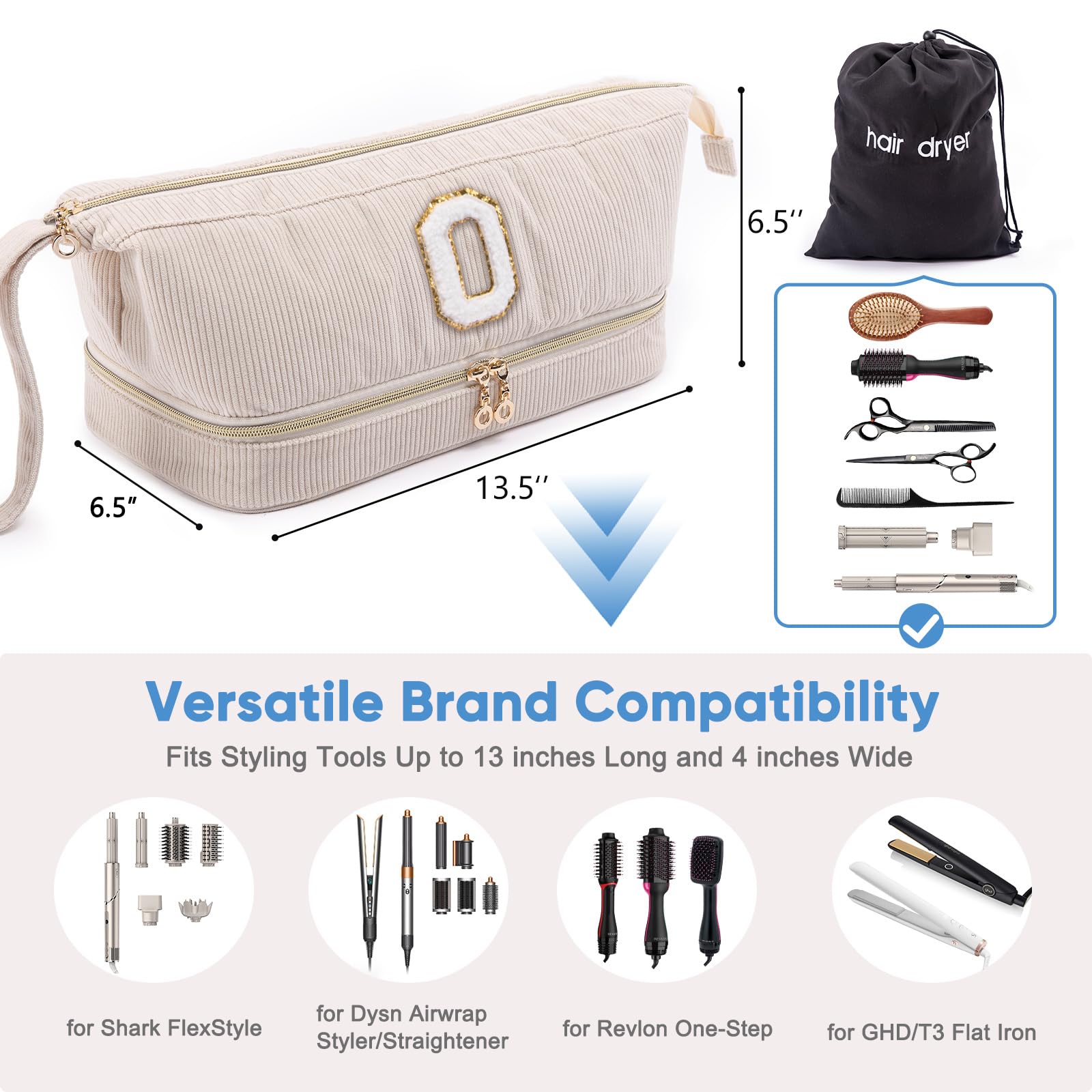 Estuche para secador de pelo personalizado con inicial, estuche de transporte de doble capa para herramientas de pelo Shark FlexStyle/SmoothStyle con bolsa para secador de pelo, organizador de viaje
