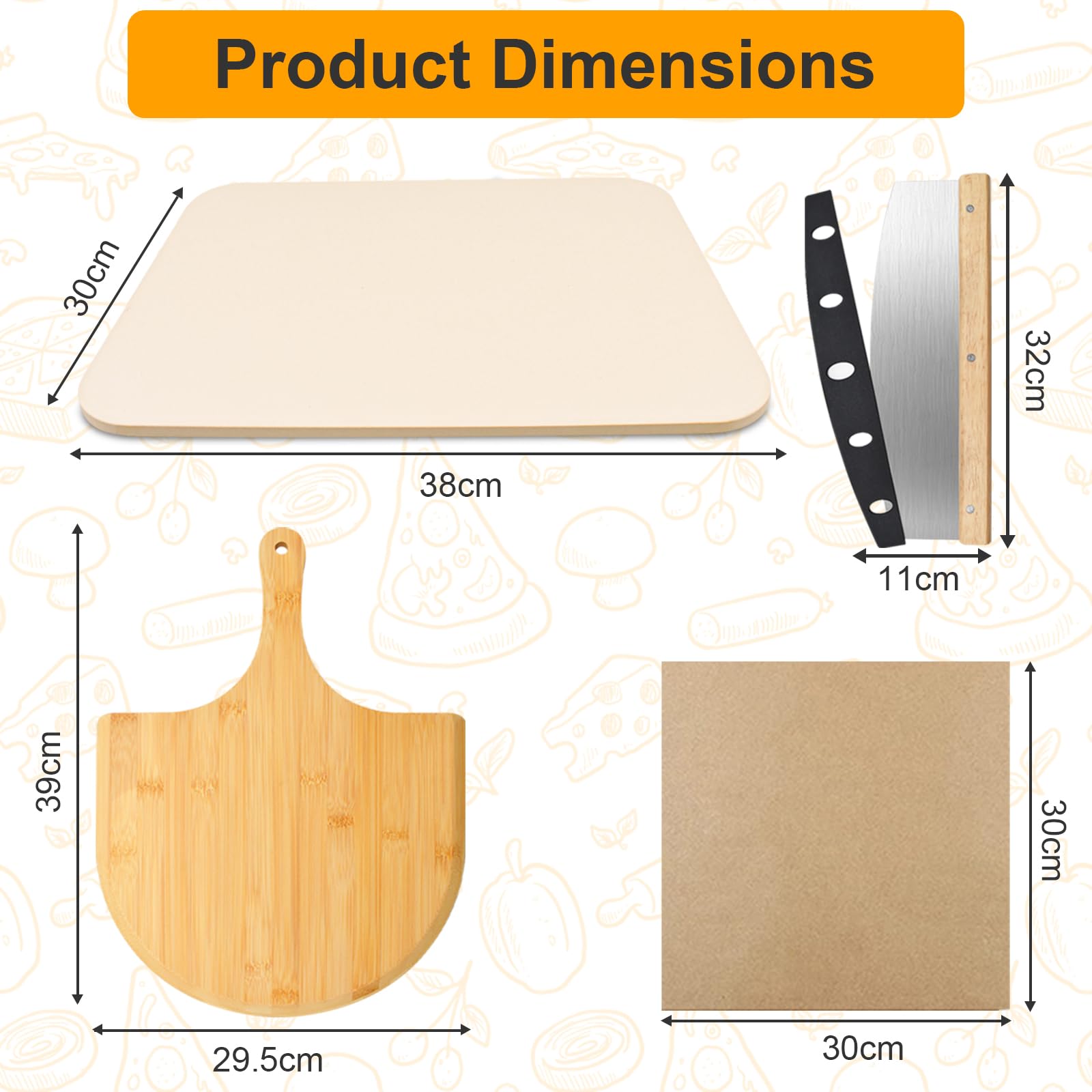 Pizzastein Set, 38x30cm Pizza Stein Rechteckig für Backofen, Gasgrill & Grill mit Pizzaschaufel aus Bambus, Pizzamesser, Antihaft-Backpapier Pizza-Zubereitungsset für knusprige Böden