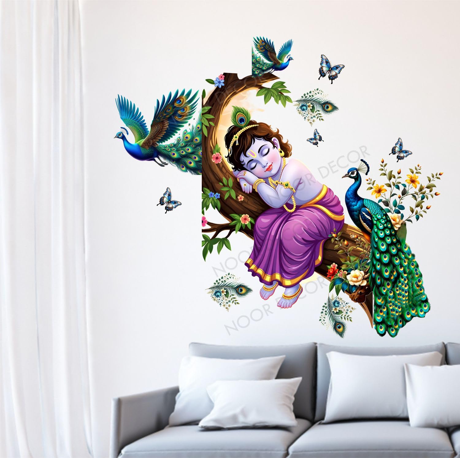 PVC Vinyl Tree and Flowers Peacock on Branch Leaves Sleeping Cute BAL Krishna Self-Adhesive Wall Sticker for Home Decor/Decoration - Living Room, Bedroom, (Multicolor, Size: 76X76 Cm)-picture-10