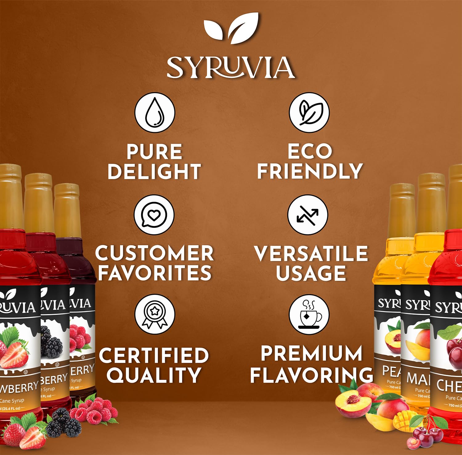 Syruvia Summer Fruit Syrup Variety Pack – Strawberry, Blackberry, Raspberry, Cherry, Mango & Peach – 25.4 fl oz Bottles – Perfect for Summer Sodas, Lemonades, Iced Teas, and Cocktails! (6-Pack)