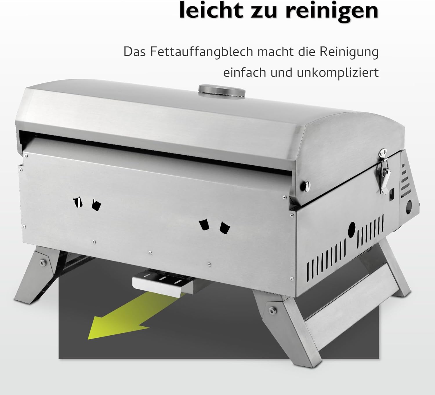 Underside view of the grill showing the removable grease drip tray.