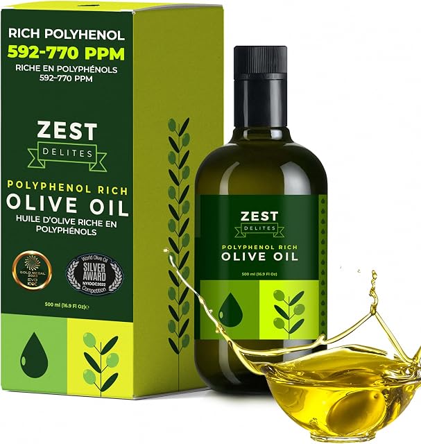 Huile d'olive riche en polyphénol Extra vierge par Zest Delites, Jusqu'à 770 mg/kg Huile d'olive à haute teneur en polyphénol, pressée à froid EVOO, Coeur & Soutien à l'immunité, origine unique, prix d'or, nouvelle récolte, 500 mL