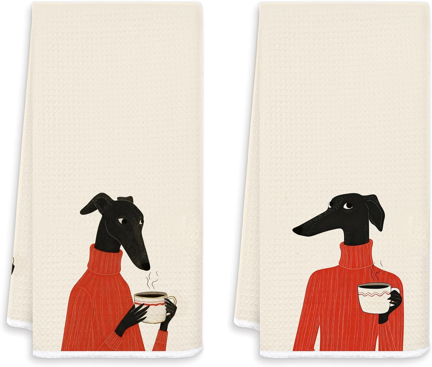 Modern Whimsical Dog Kitchen Towels, Trendy Funky Dog Coffee Decorative Hand Towels for Kitchen Cafe Decor, Coffee Lover Gifts Dish Tea Towel Dish, 16x24 Inch Set of 2