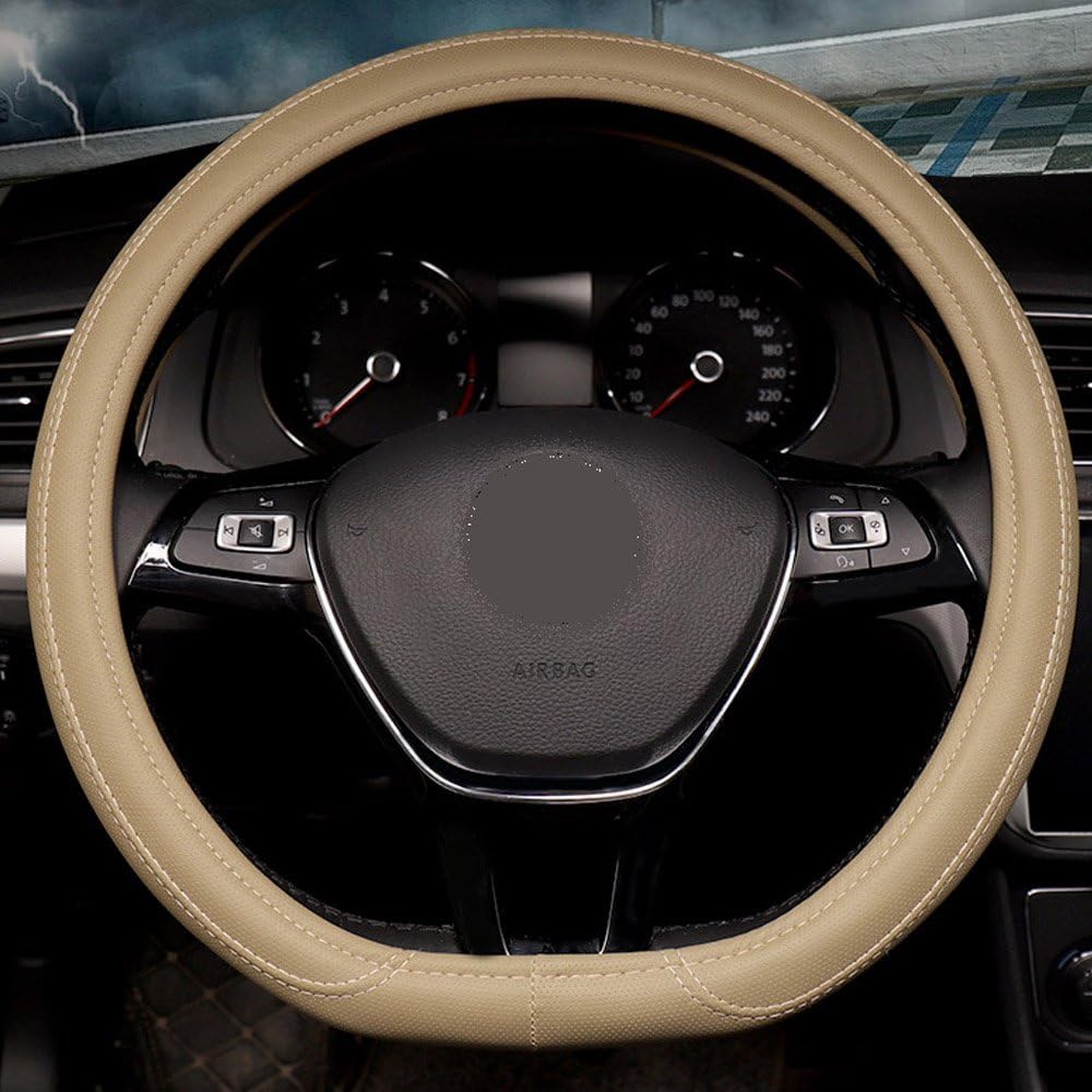 38cm 15inch D type flat bottom motile car steering wheel cover PU leather streamline (beige)