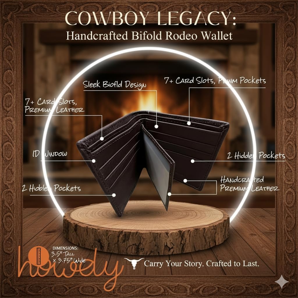 Men’s Short Leather Wallet – Hand Tooled Design with Horseshoe Rooster Concho – Western Cowboy Bifold Wallet for Ranchers, Farmers & Rodeo Gifts - Image 3